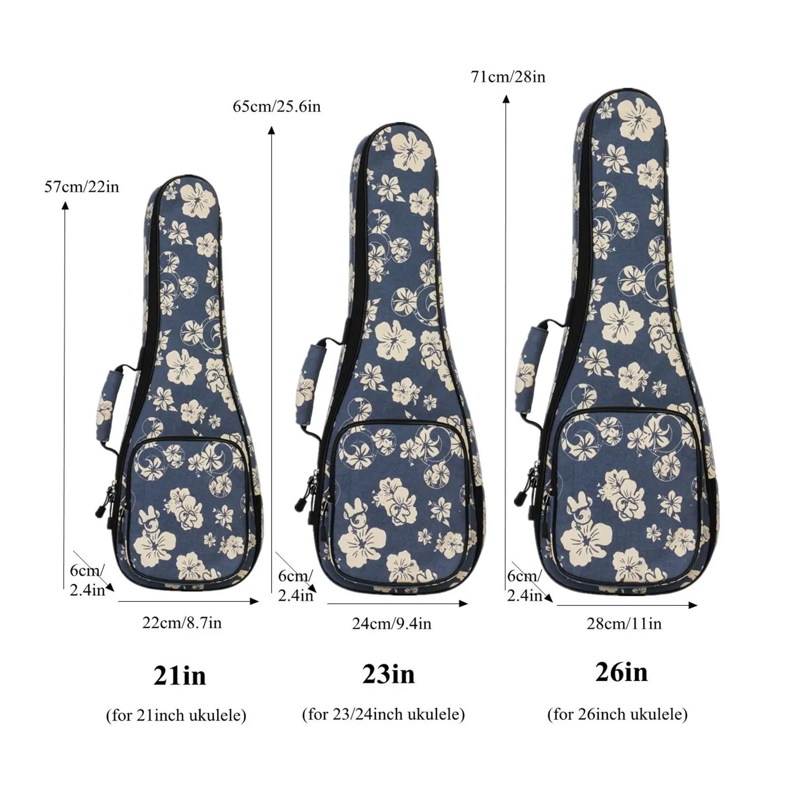 Estuche Para Banjo Funda for ukelele con flores de hibisco 21/23 26 pulgadas acolchado esponja 10 mm, estuche suave for guitarra 4 cuerdas(Size 21 inch)