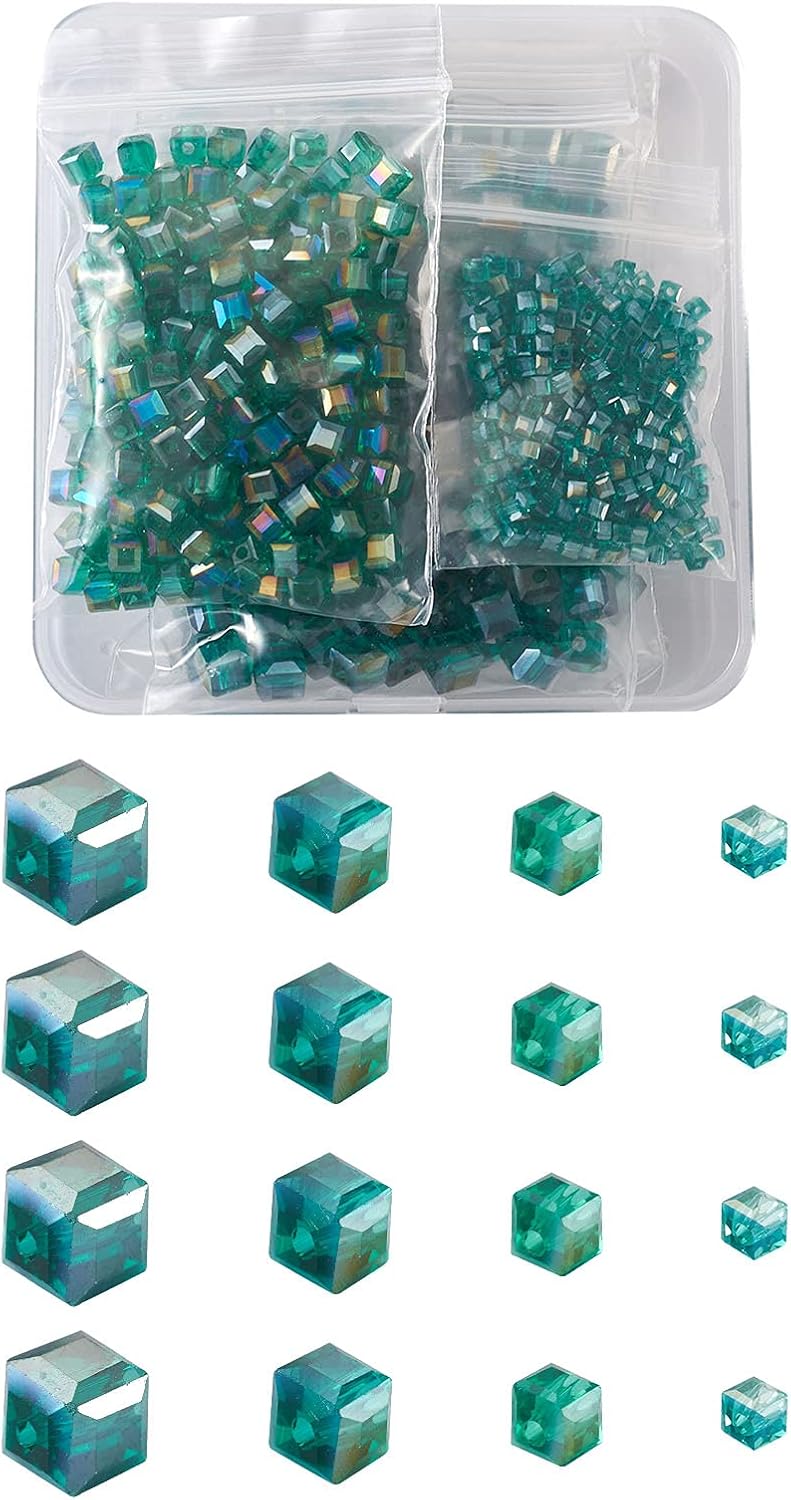 Fashewelry 672Pcs Faceted Cube Electroplate Glass Beads 4 Sizes Geometry Glass Loose Spacer Beads for DIY Earring Necklace Bracelet Jewelry Craft Making 2mm 4mm 6mm 8mm, Teal