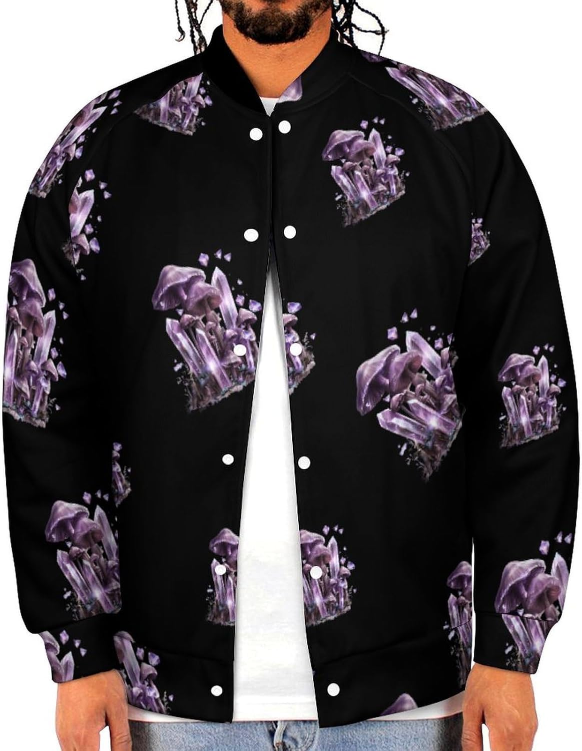 Witchy Magical Crystals Boho Mushroom Novelty Men's Baseball Jackets Causal Sweatshirt Button Top Long Sleeve Coat