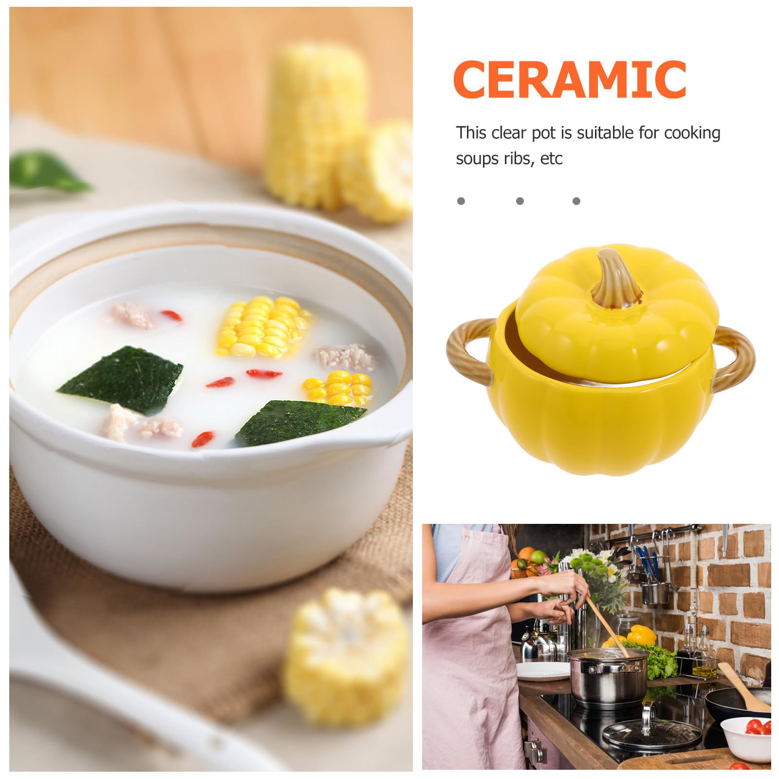 Cabilock Tazón de Sopa de Cerámica con Forma de Calabaza de 1500ml, con Tapa y Asas Dobles, Reutilizable y Conveniente para Uso en Casa o Restaurante