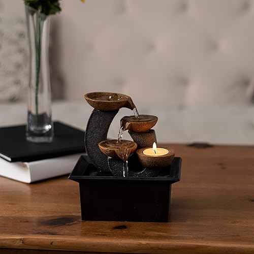 Miniatura 4 de Pure Garden - Fuente de agua de mesa, cascada interior de 3 niveles y 7 pulgadas con portavelas, bomba eléctrica y sonidos relajantes para