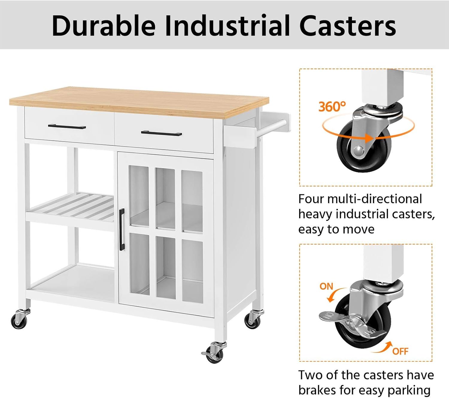 Yaheetech Kitchen Cart w/Bamboo Top, Rolling Kitchen Island with Open Storage Shelf, Wide Drawer, Towel Rack and Tempered Glass Storage Cabinet Door, 36”H, White - Kitchen Islands & Carts