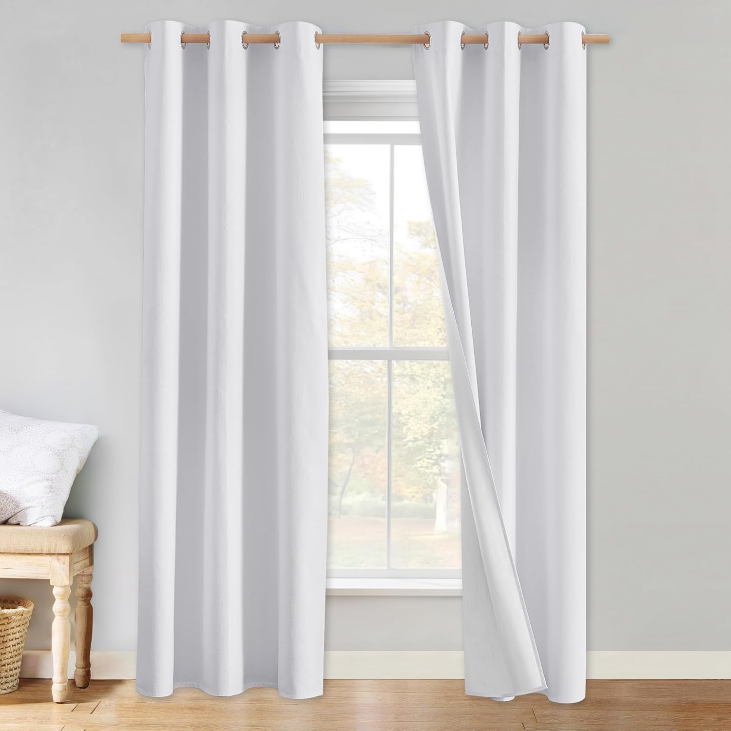 NICETOWN 100% Absolutely Blackout Linen Curtains with Thermal Insulated White Liner, White, 34 inches Wide, 80 inches Length Energy Saving Curtains for Living Room 2 Panels Set, Vertical Blinds 34"W x 80"L (Pack of 2) White