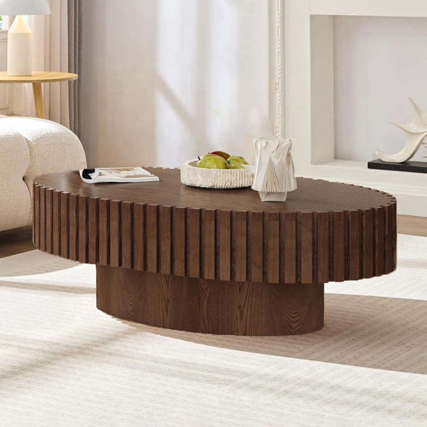 Oval Brown Coffee Table for Living Room Oval Drum Fluted Coffee Table Modern Handcrafted Fluted Drum Coffee Tables for Living Room (Walnut)