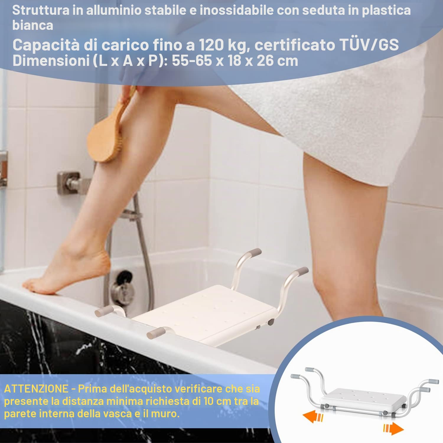 Sedile per vasca da bagno regolabile per tutte le misure, antiscivolo e capacità di carico fino a 136 kg