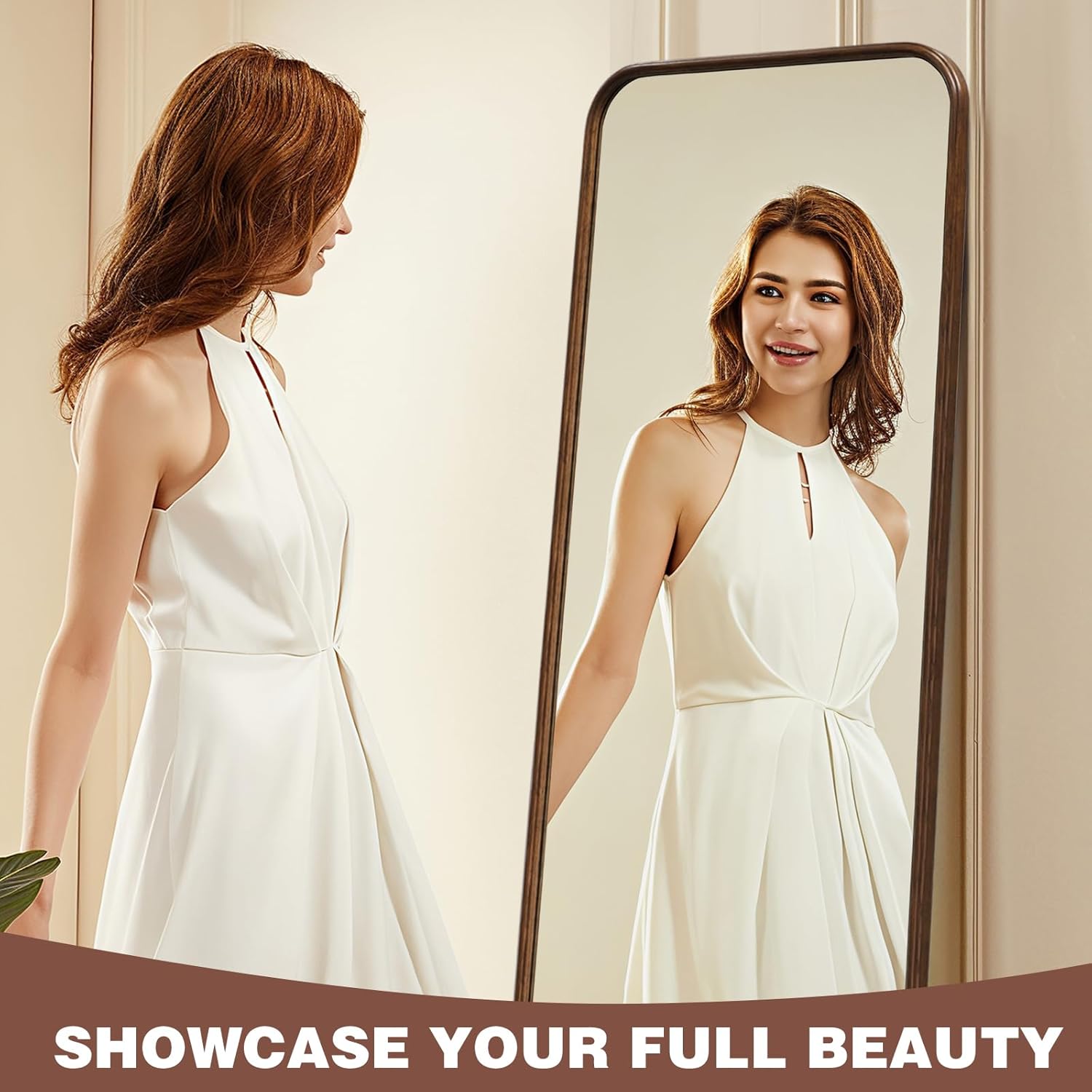 Niccy 63"×20" Wood Frame Rect Full Length Mirror, HD Long Wall-Mounted Mirrors, Large Body Hanging Mirrors for Living Room, Explosion-Proof Decorative Vanity Mirrors for Entryway, Bedroom, Red Walnut