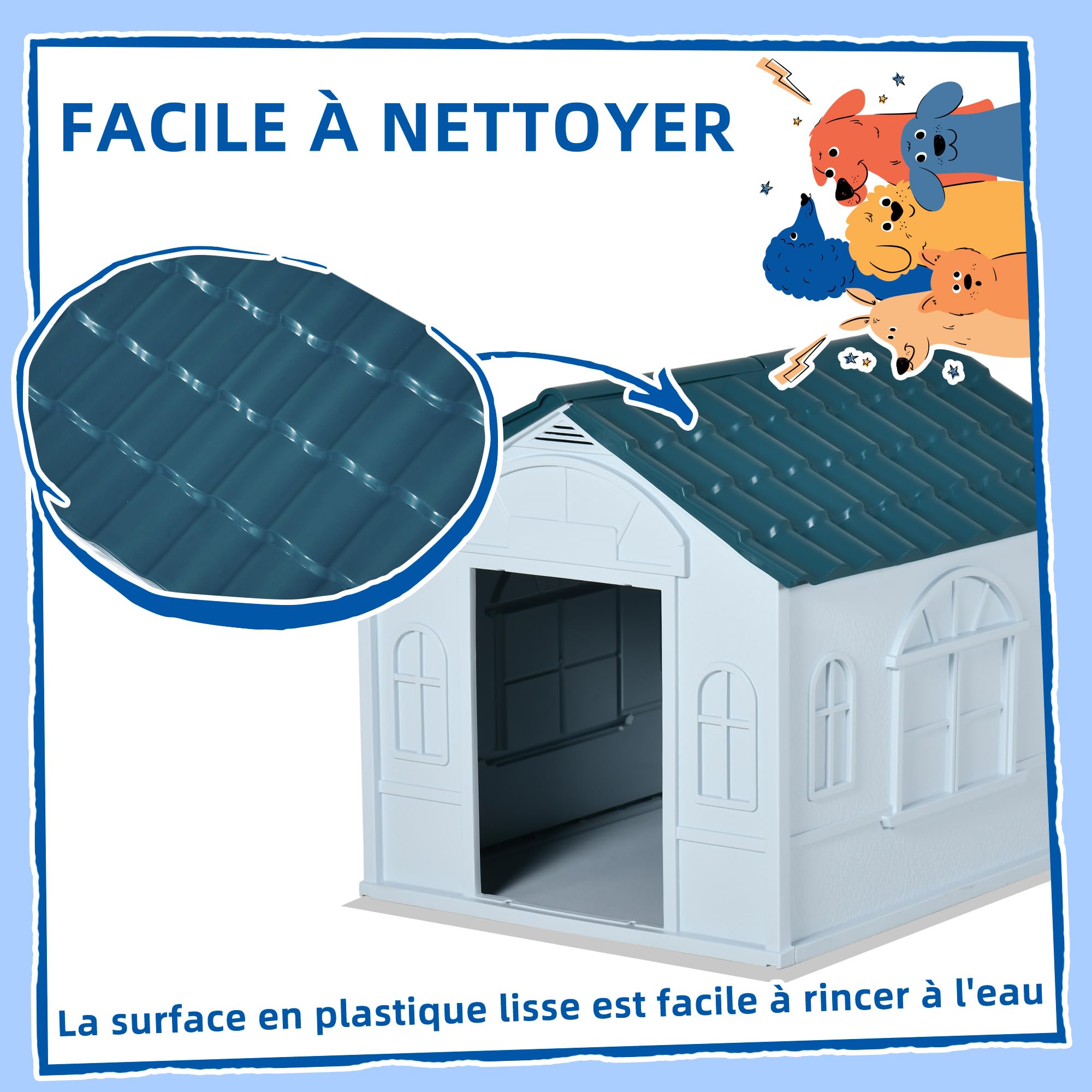 PawHut Niche d'extérieur en PP Blanc pour Chiens de Petite et Moyenne Taille - 65 x 75.7 x 63 cm | PP Imperméable, Toit en Pente, Porte Avant Ouverte, Ouverture d'Aération au-Dessus