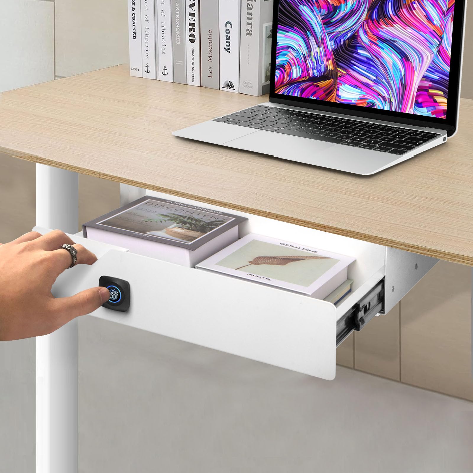 Lumil Under Desk Sliding Pull-Out Drawer with Fingerprint Lock, 15.7inch Sliding Pull-Out Under Table Drawer, Office Mounted Sliding Metal Drawer, Steel Under Table Drawer for Office Home White