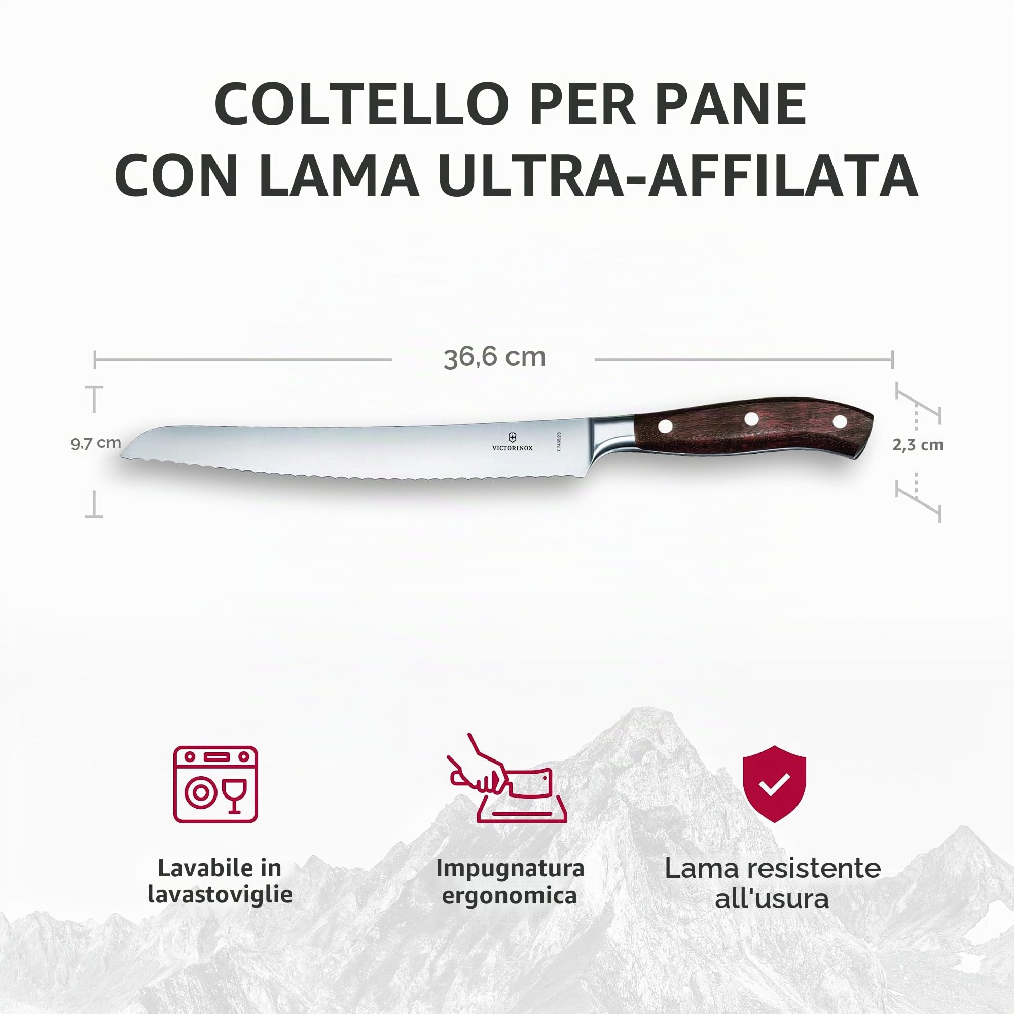 Victorinox Grand Maître, coltello professionale per pane e pasticceria, lama extra-affilata, bordo seghettato, 23 cm, elegante manico in legno, acciaio inossidabile, marrone
