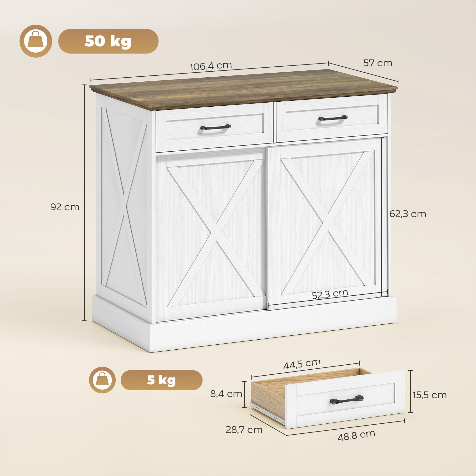 HOMCOM Îlot Central Cuisine, Buffet Cuisine, Meuble de Rangement avec 2 Tiroirs, 2 Portes Coulissantes et Étagère Réglable, Style Rustique, 106,4 x 57 x 92 cm, Blanc et Marron