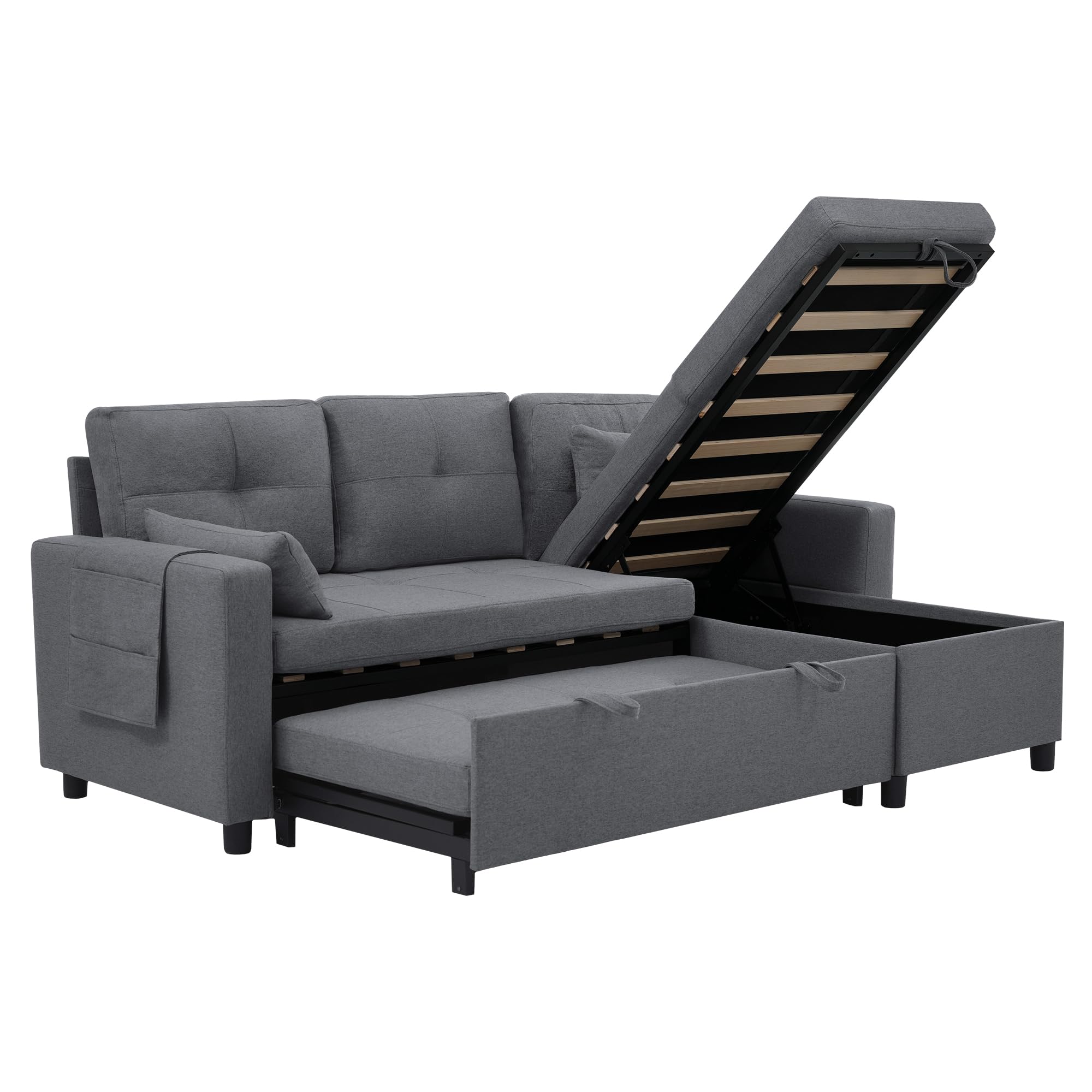 Divano Letto Estraibile con funzione letto, Divano Letto Modulare con Spazio Contenitore e Portabicchieri, Chaise Longue, Mobili imbottiti divano Angolare 3 Posti Forma di L,Grigio