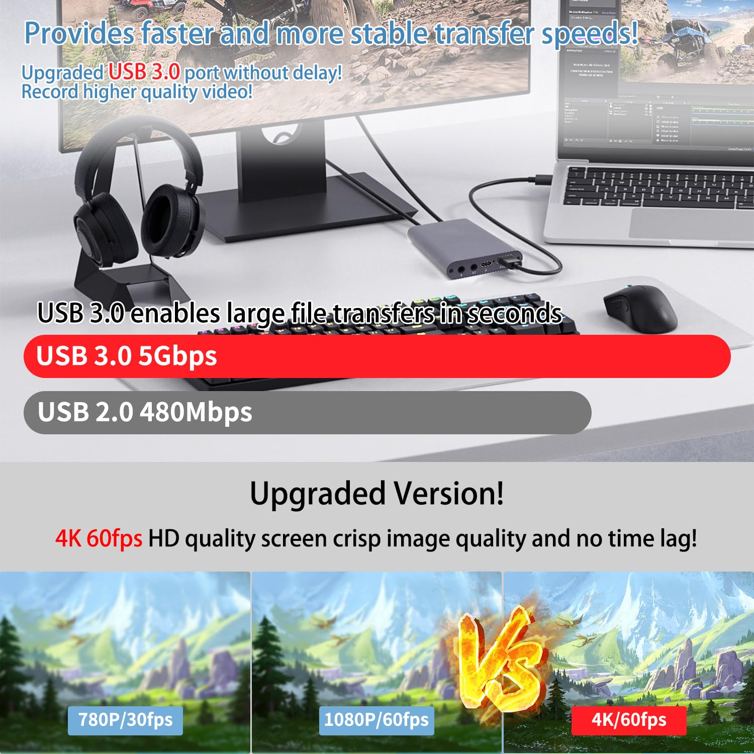 Scheda di acquisizione HDMI 4K, USB3.0 1080P 60 FPS, scheda di acquisizione audio video con microfono, registratore video per Nintendo Switch/PS5/Xbox/OBS/fotocamera/PC, adatta per streaming