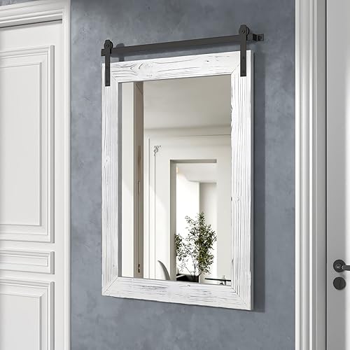 Miniatura 9 de COGOOD Espejo de puerta de granero de granja  17 x 26 pulgadas, espejo de pared con marco de madera rústica para baño, sala de estar, entrada
