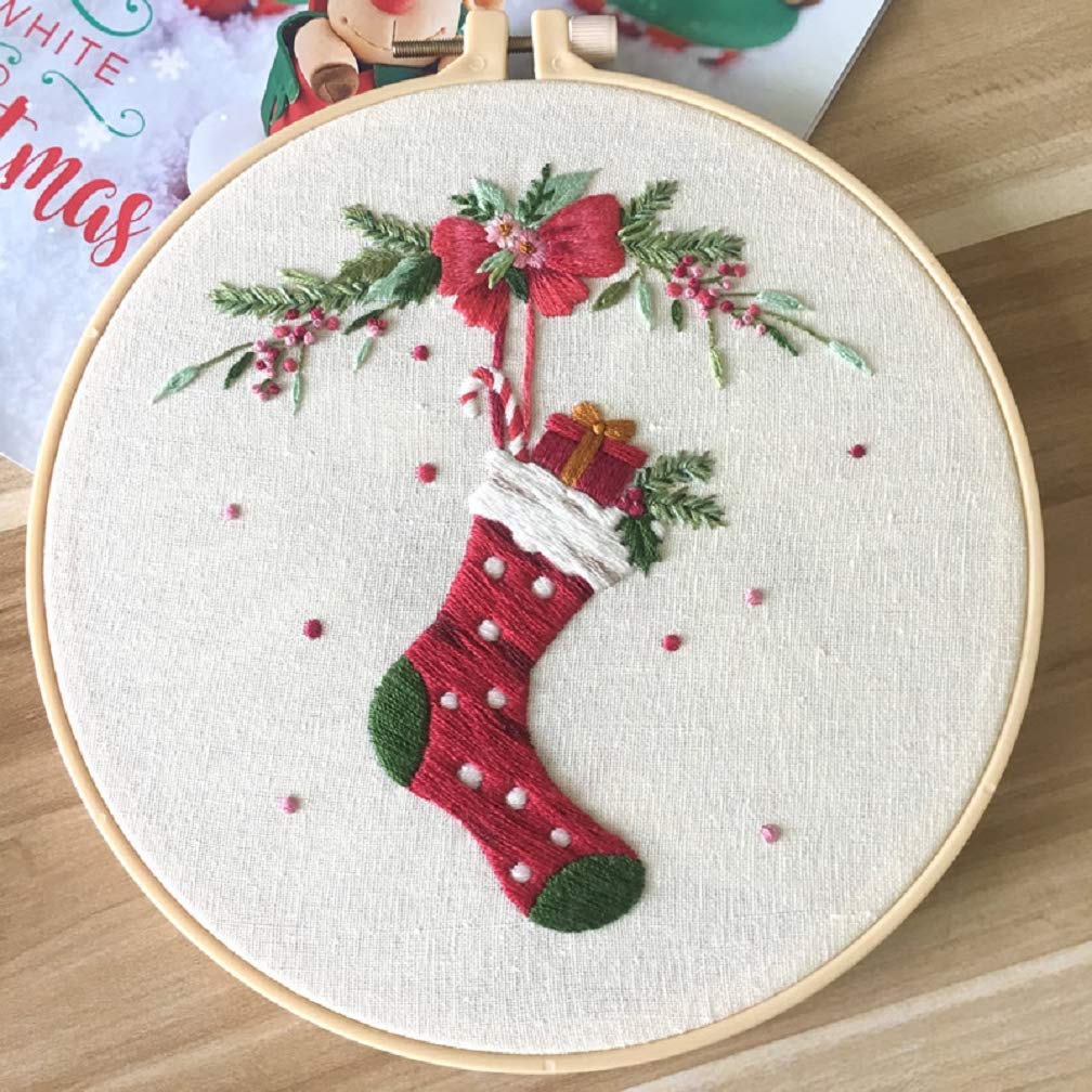 Feltsky 3 Pack Christmas Embroidery Kit - 1 ABS Hoop, 3 Printed Cloth, 3 Threads, 6 Needles, 3 English Instruction - Embroidery Starter Kits for Beginners