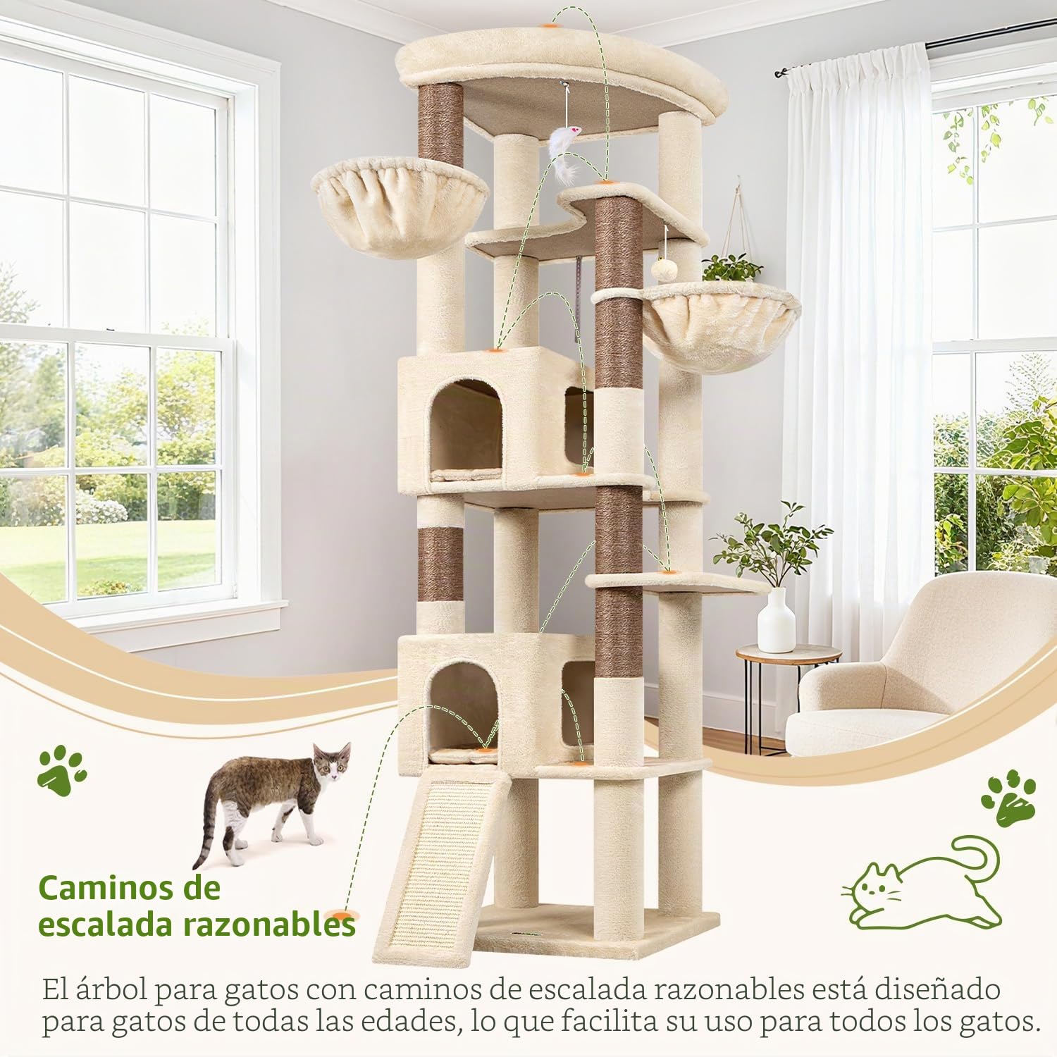 Globlazer Beige Arbol Gatos XXL 204 cm con 2 Grandes Nidos 45 * 30 * 30cm, Inmenso Plataformas Acolchada, Tabla Sisal, 2 Cesta, Estable Esquinero Rascador para Gatos Descansar Rascarse (C80, Beige)