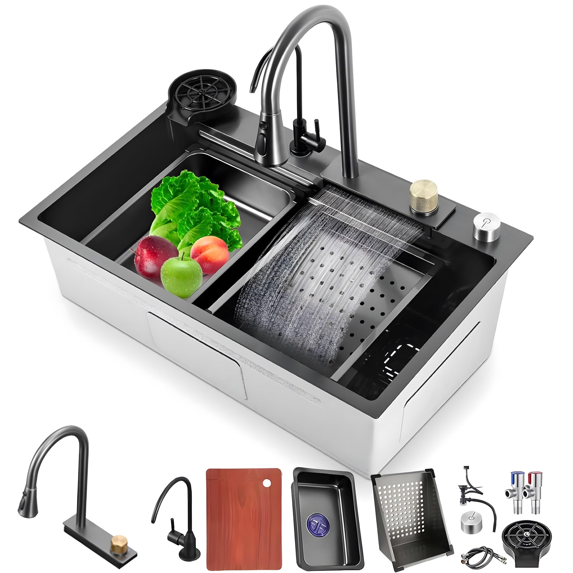 WIQUYBML Black Stainless Steel, Single Bowl Workplace Waterfall Sink with Multifunctional Extendable Tap, Cup Rinse, Siphon, Overflow and Drain Accessories, Built-in