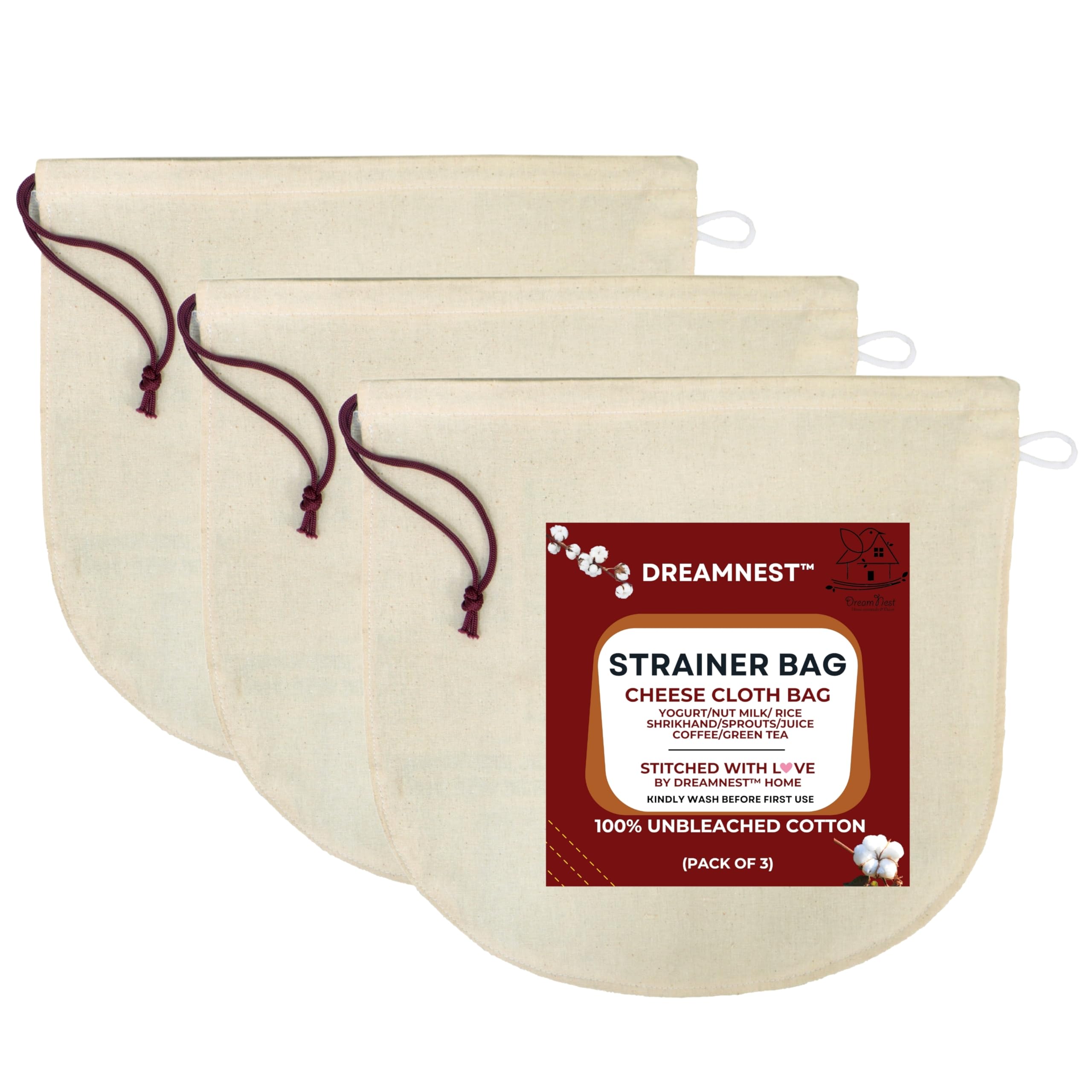 DREAMNEST™ Pack of 3 100% Unbleached Cotton Strainer Bag | Muslin Cloth | Cheese Cloth Bag for Yogurt | Hung Curd | Paneer | Rice | Juice Filtering with Hanging Loop 11X11 Inch