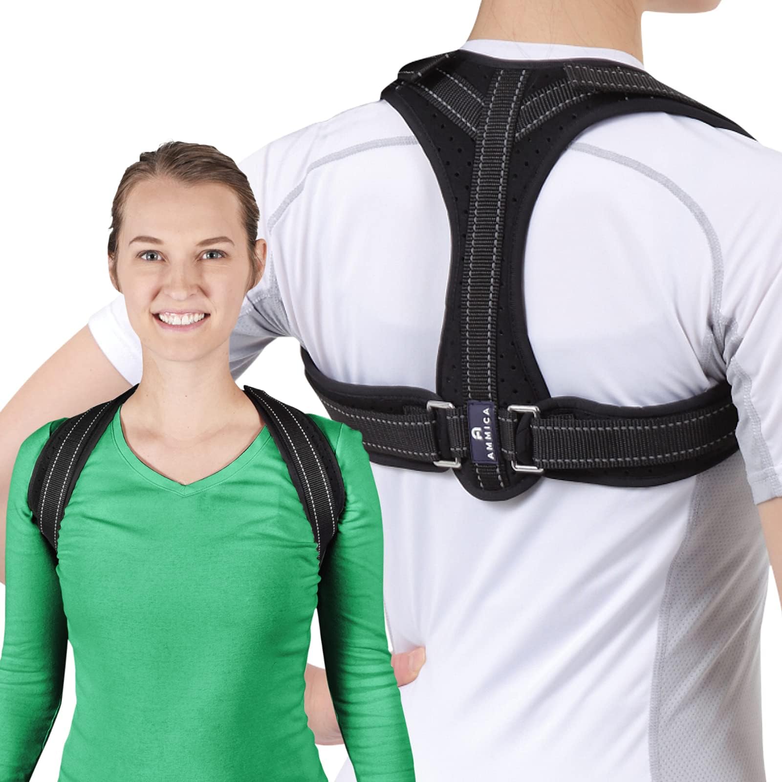 AMMICA Posture Corrector - Adjustable Back Brace for Neck, Shoulder, Upper Back Pain Relief - Ergonomic Posture Support Brace for Men and Women, Chest Size 32”-45"