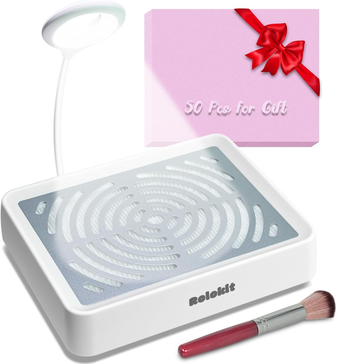 Nail Dust Collector with Lamp & 50pcs Disposable Filter & Dusting Brush, Electric Nail Vacuum Cleaner Dust Fan Suction Machine for Manicure Acrylic Gel Nails Polishing, Low Noise, Salon Home