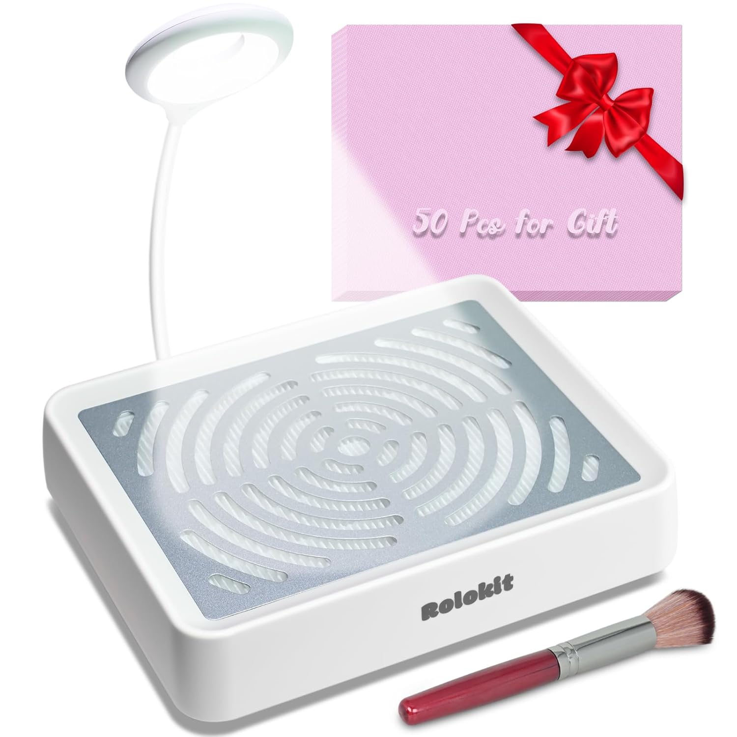 Rolokit Nail Dust Collector Vacuum with LED Lamp, 50 Disposable Filters & Brush - Low Noise Electric Suction for Acrylic Gel Nails, Salon & Home Manicure