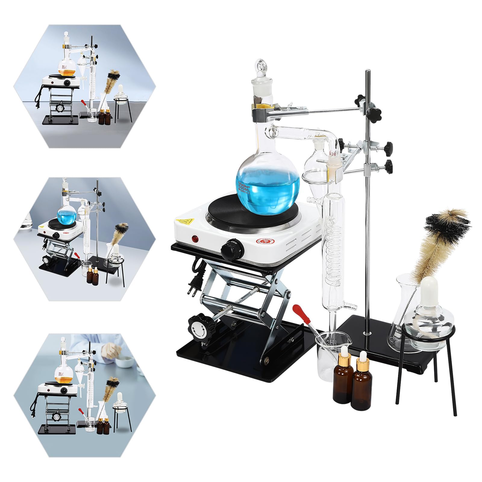500ml Essential Oil Distillation Apparatus Lab Glassware Kits, Steam Water Distiller Purifier Kits, Include Electronic Heating Stove & Alcohol Lamp, for Home, Schools, Lab