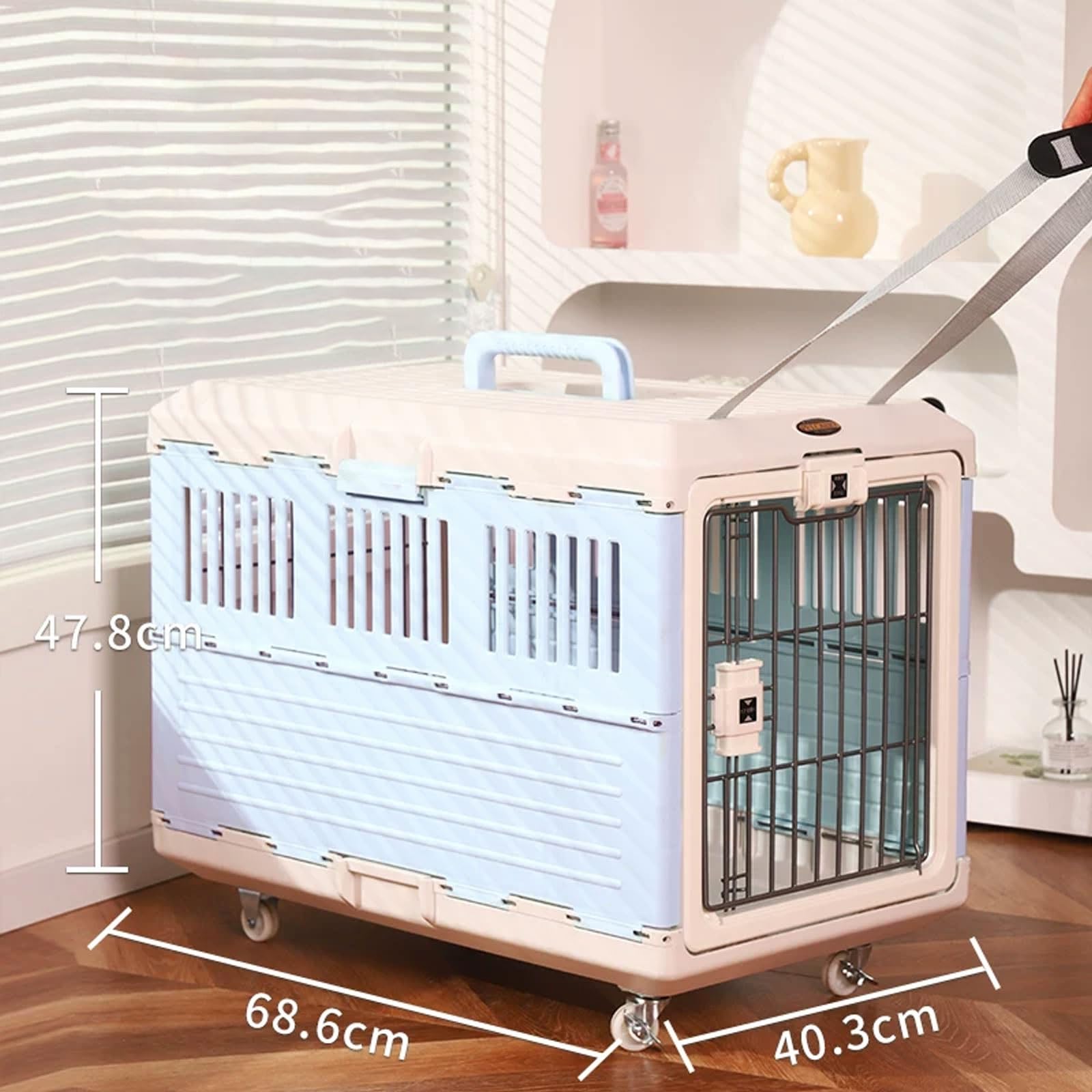 Gabbia per cani pieghevole con design di ventilazione, realizzata in materiale PP, include tracolla, ruote e maniglia per cani e gatti di piccola taglia