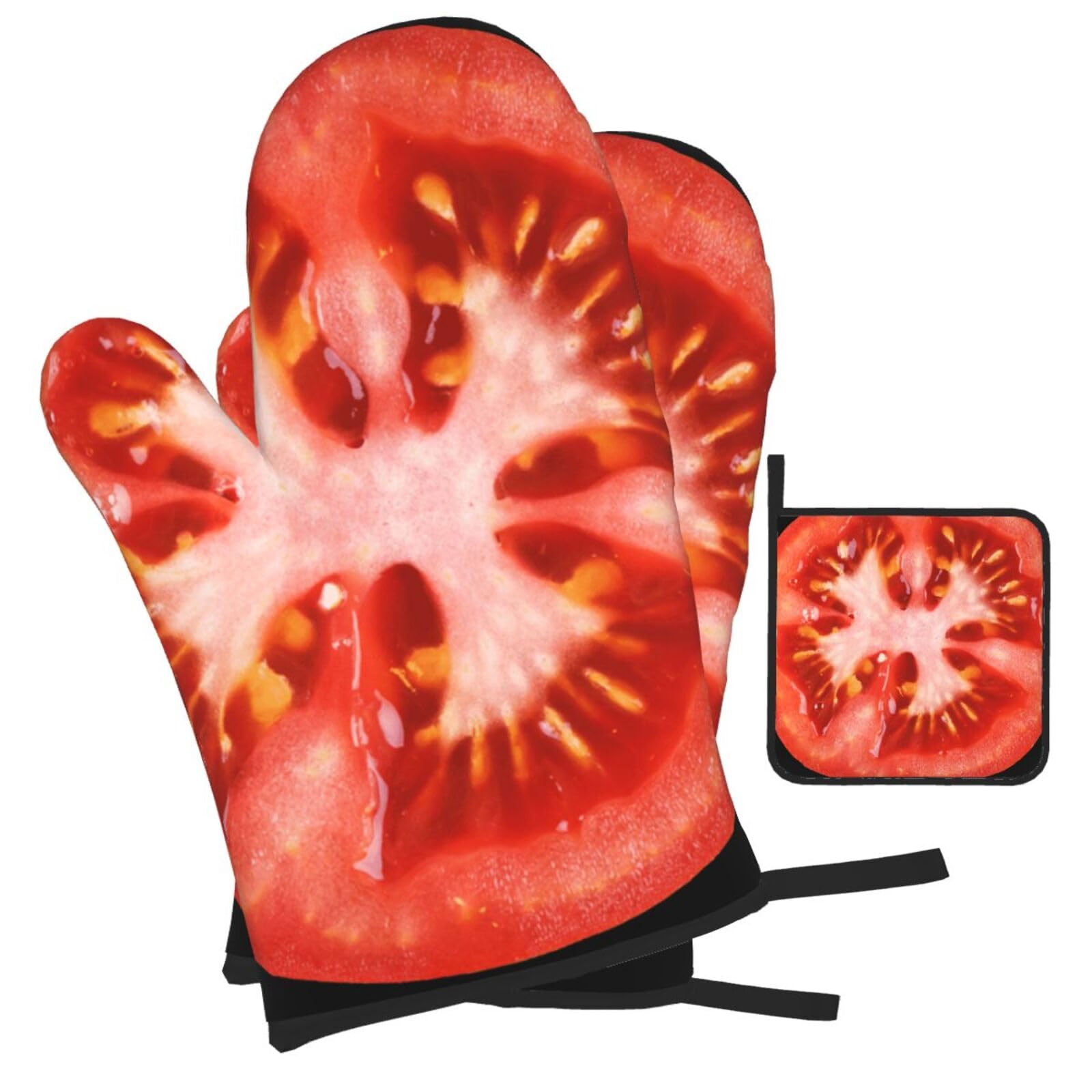Tomato Slice Printed Oven Mitts and Pot Holders Heat Resistant Set of 3 Pcs, Modern Kitchen Gloves & Potholders for Cooking Baking Grilling
