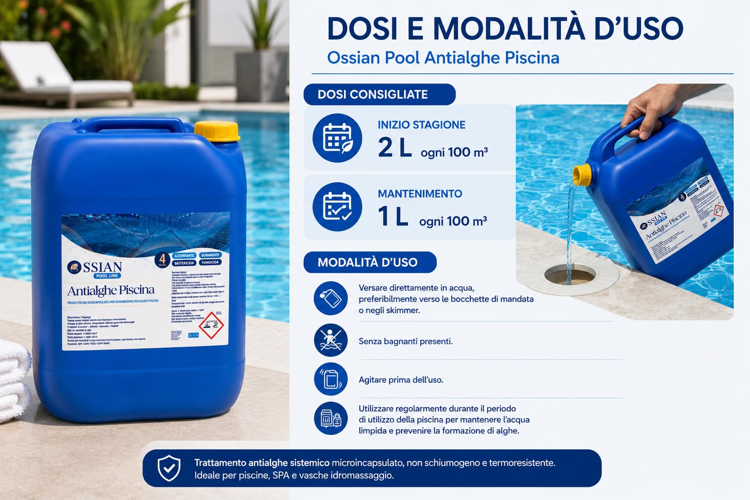 Ossian Pool Antialghe Piscina, Alghicida Sistemico Microincapsulato 4 Azioni, Non Schiumogeno, Termoresistente, Azzurrante e Schiarente per Piscine, SPA e Idromassaggio (25 Kg, 25000, millilitro, 1)