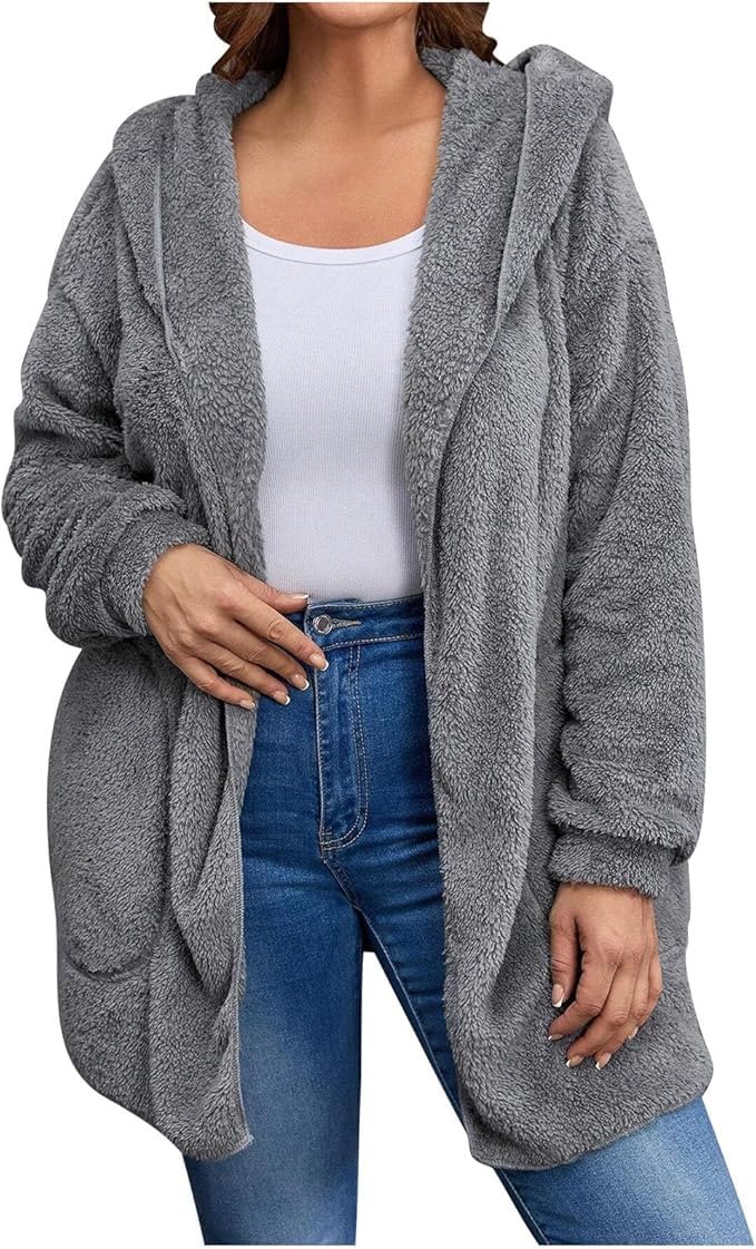 Women's Sherpa Fuzzy Jacket Hoodie Open Front Fleece Hooded Jackets Cardigan Warm Outerwear Fall Coat with Pockets