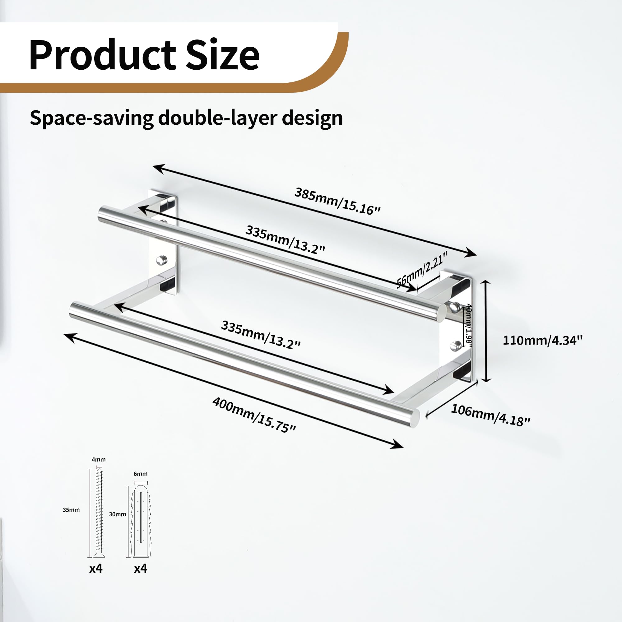 Mooche Porte Serviette Salle de Bain, Longueur 40 CM, Barres Porte-Serviettes Support Mural, en Acier Inoxydable, Porte Serviette de Bain Antirouille et Durable, Chrome