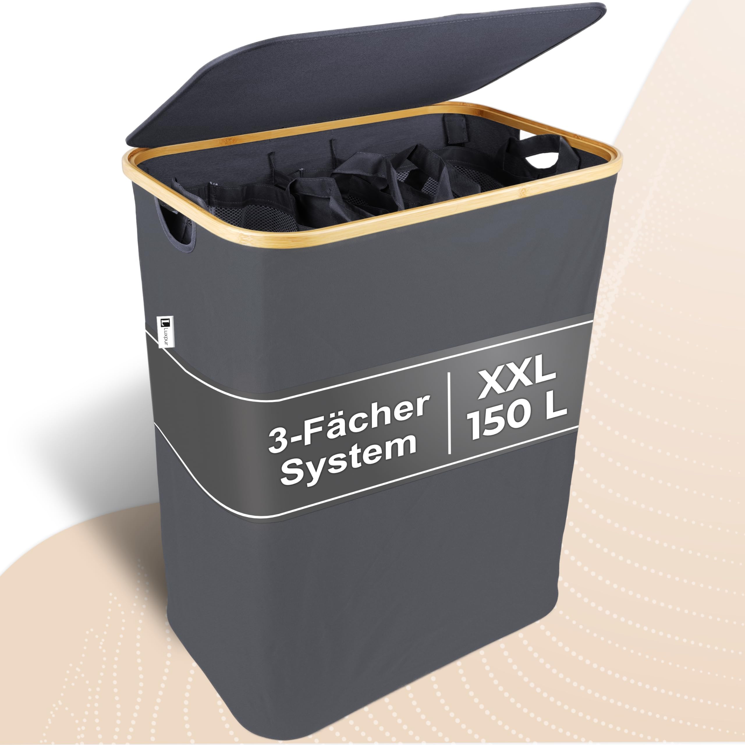 Luxpur® XXL Laundry Basket with Lid 3 Compartments Laundry Bag Bamboo Laundry Sorting System Foldable Laundry Basket Laundry Basket Laundry Separator Laundry Basket
