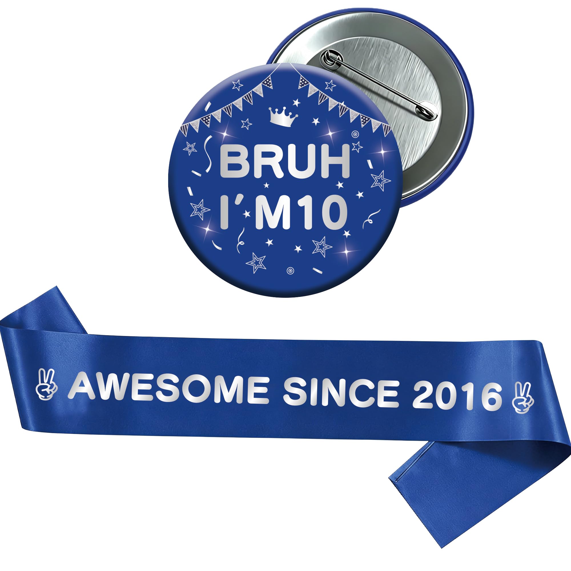 Yiiyyuuko 10th Birthday Decorations Badge Sash - Blue Silver Vintage Awesome Since 2016 Sash and Badge Accessory Gift for Boys 10 Year Old Retro Theme Happy Birthday Party Supplies