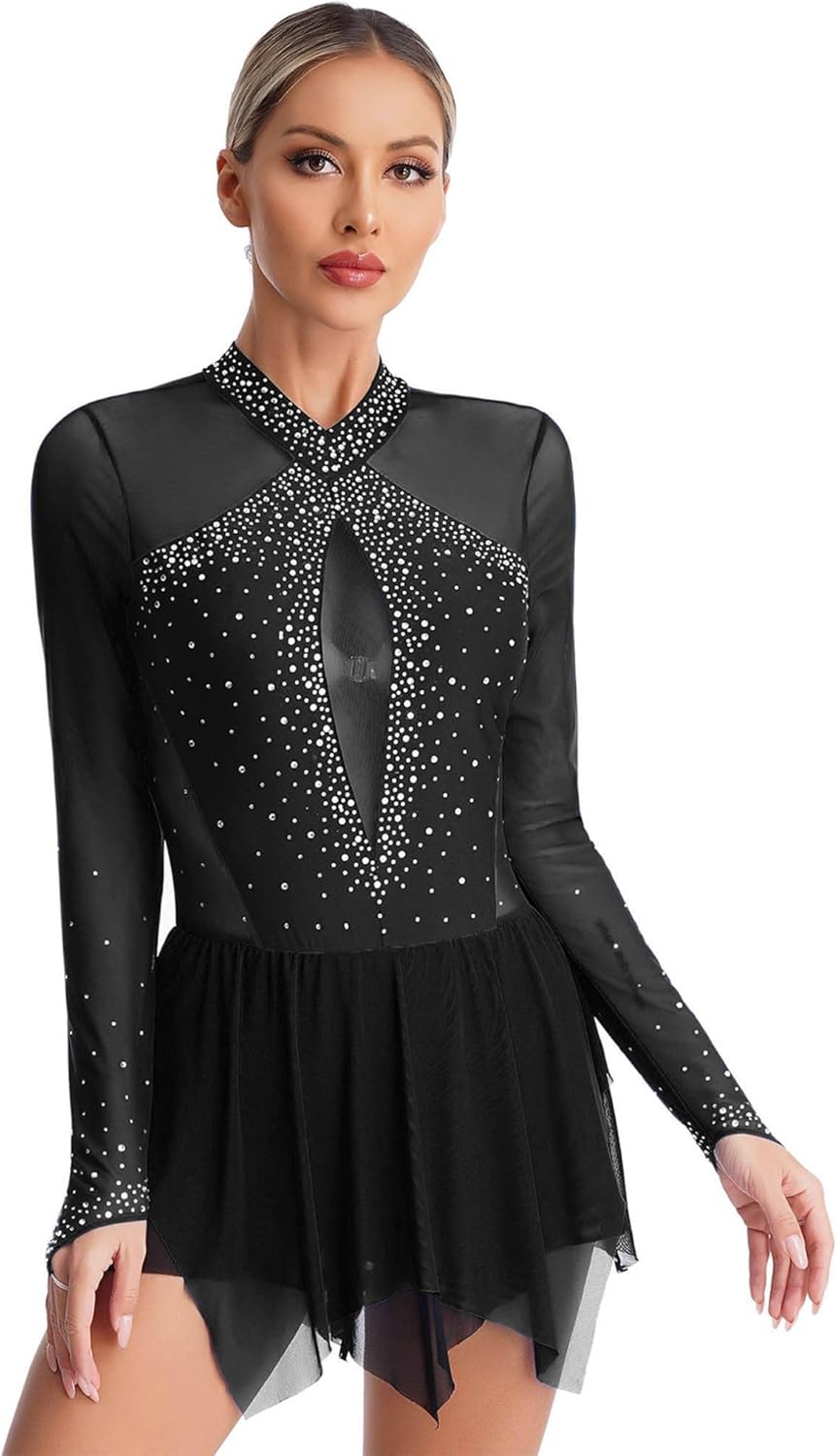 Hularka Women's Figure Ice Skating Layered Keyhole Gymnastic Leotard Roller Skating Dance Costume
