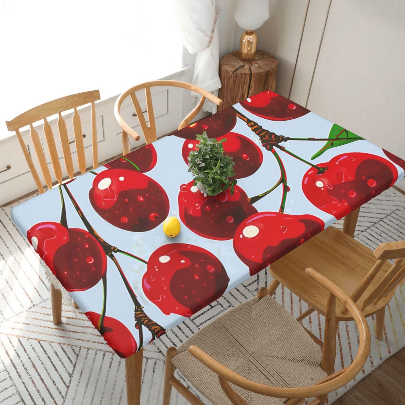 WPKJU Red Cherries Printed Tablecloths 5ft Rectangular Table Covers Washable Polyester Decorative Table Cloth for Dining Table Picnic Wedding