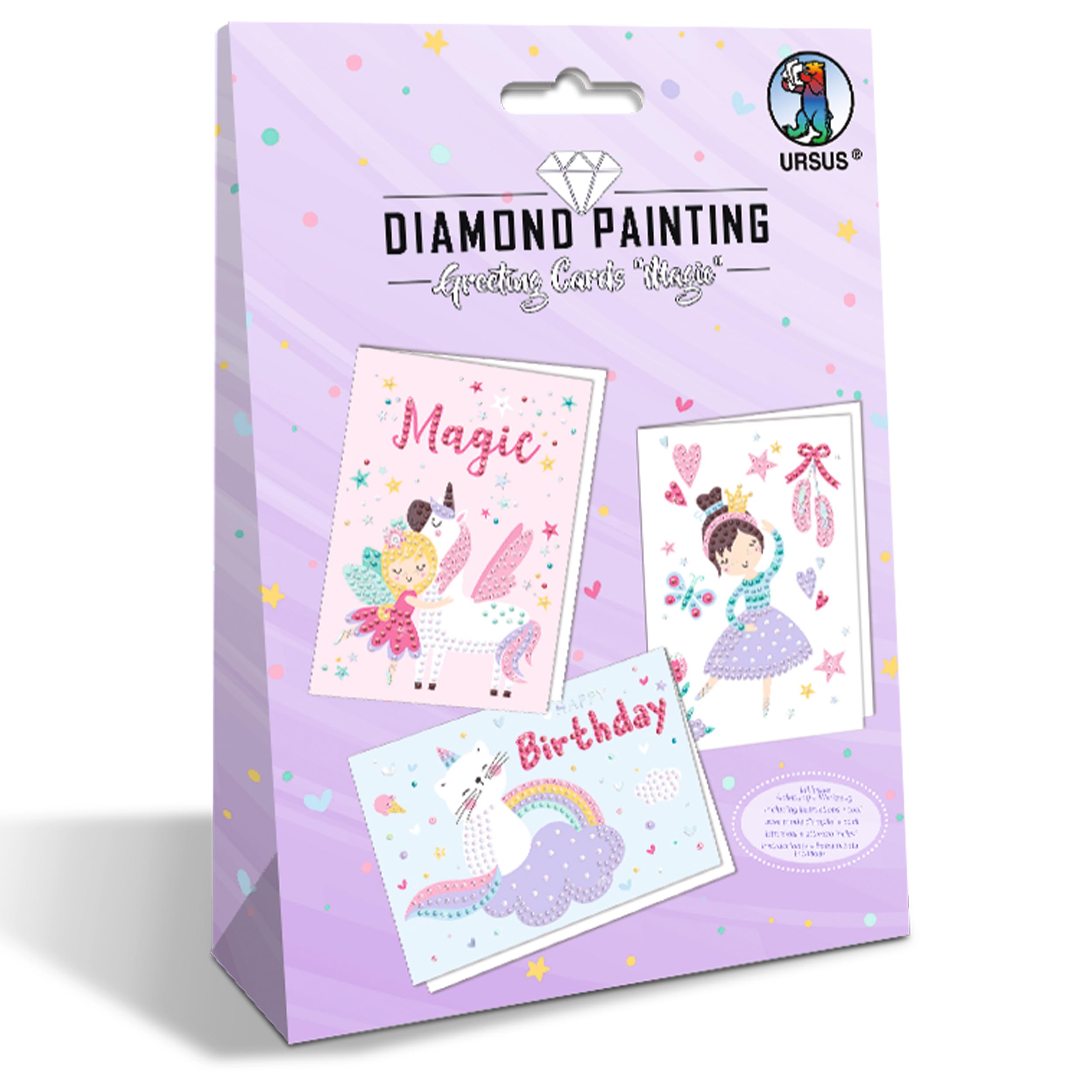 Ursus 43540001F Diamond Painting Greeting Cards Magic, Craft Set for Children for Creative Design of Greeting Cards, Pack of 3, DIN B6