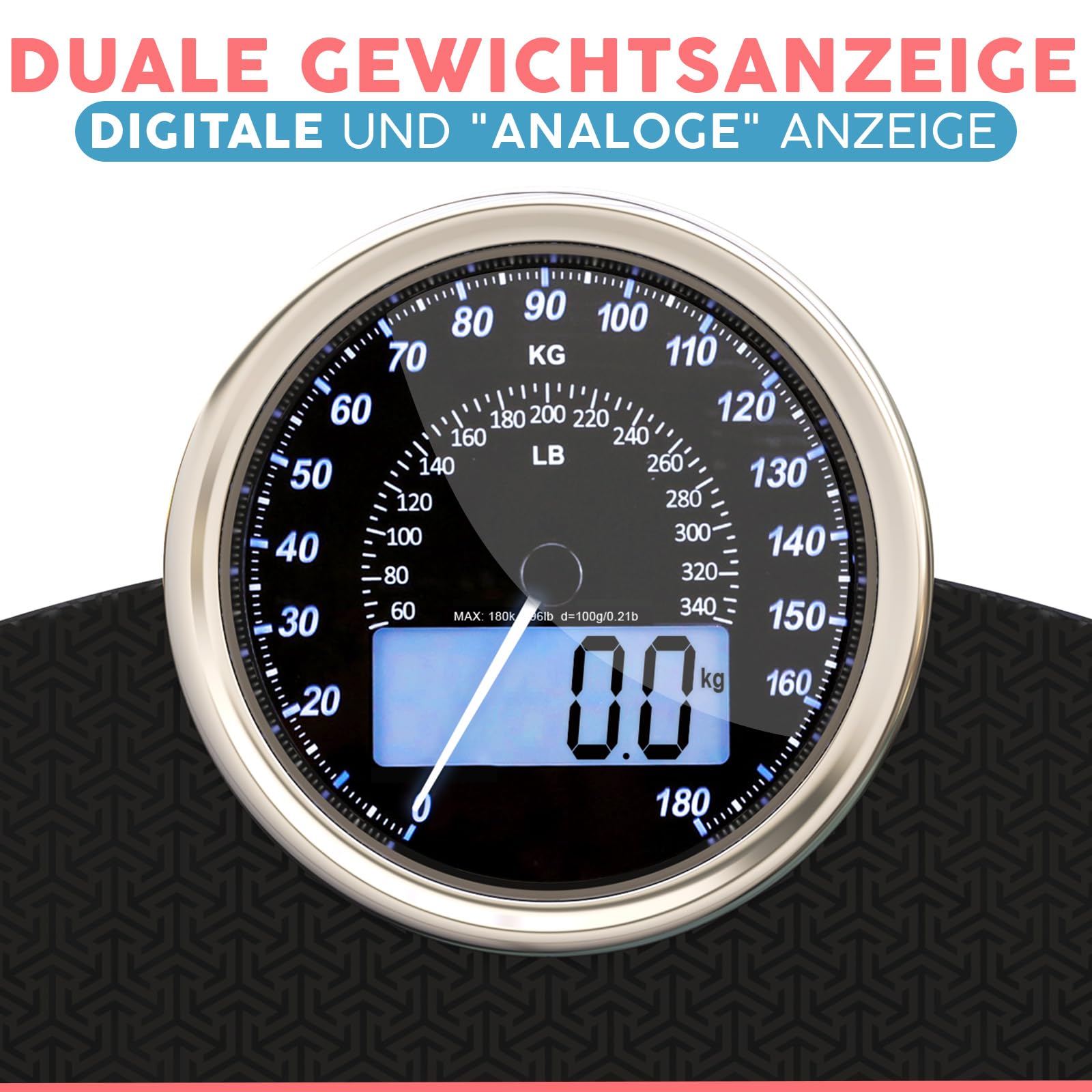 Hybrid Personenwaage - Analog & Digital, Präzise bis 180 kg | Gewicht auf Analogzifferblatt und LCD ablesen. Breite Glasplattform, 3 AAA Batterien inklusive, sofort einsatzbereit.