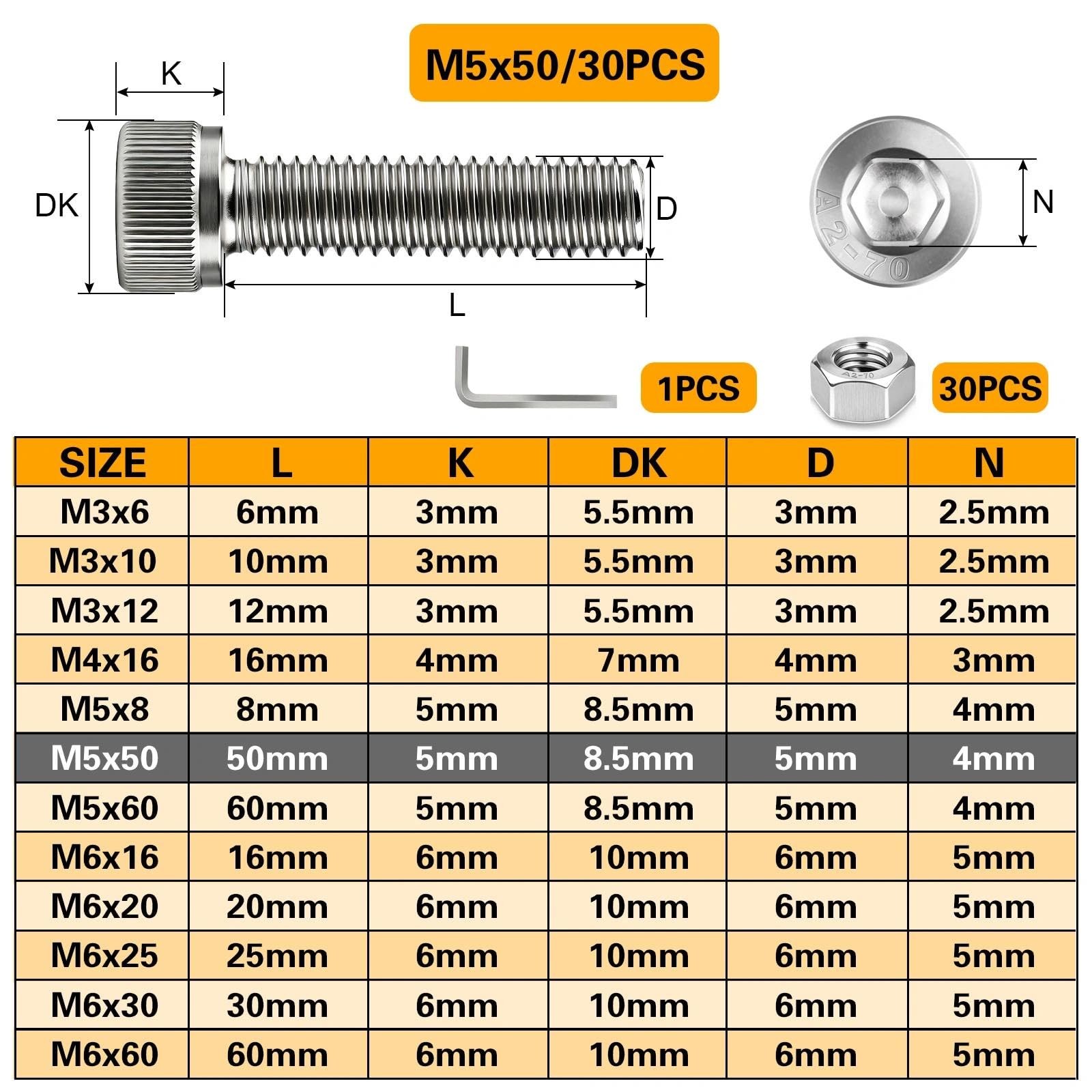 Zestaw śrub cylindrycznych M5 x 50 mm, 30 szt., śruby z łbem cylindrycznym ze stali nierdzewnej, A2 V2A, śruby imbusowe DIN 912, śruby z gniazdem sześciokątnym, śruby z nakrętkami do naprawy