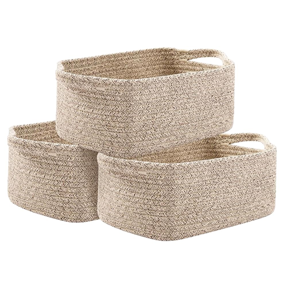 Jonuin Cotton Rope Storage Baskets, 3 Pack 32x22x14cm Storage Baskets for Shelves, Small Woven Storage Baskets for Organizing Towels, Empty Gift Basket for Shelves Bathroom Home Decor (Brown)