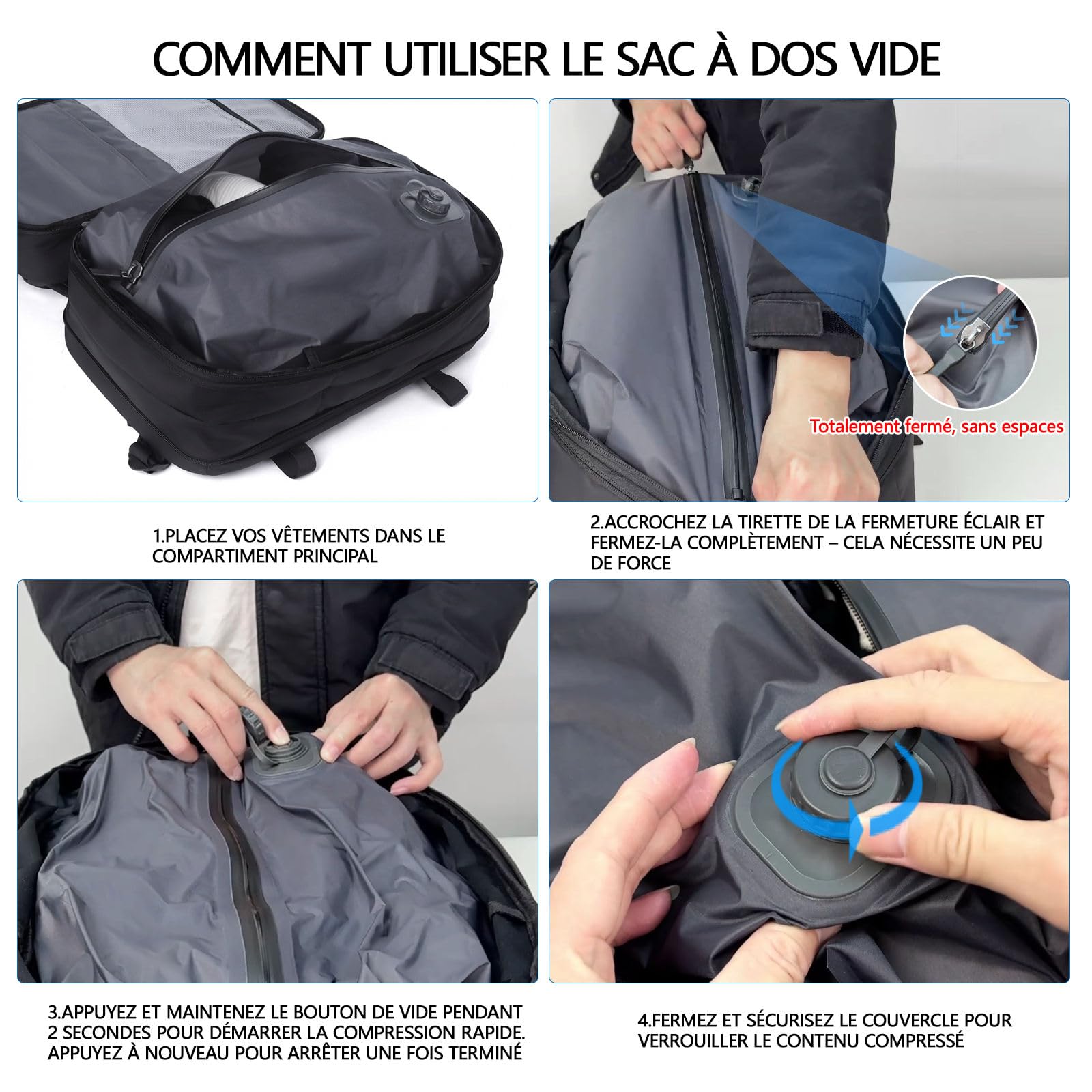 KINGSLONG Sac à Dos Cabine Avion avec Pompe à Vide Intégrée, Sac à Dos | Voyage Compression Sous Vide pour Homme, Extensible 46L, Sac Ordinateur Portable 19 Pouces, USB, Résistant à l'Eau, Business