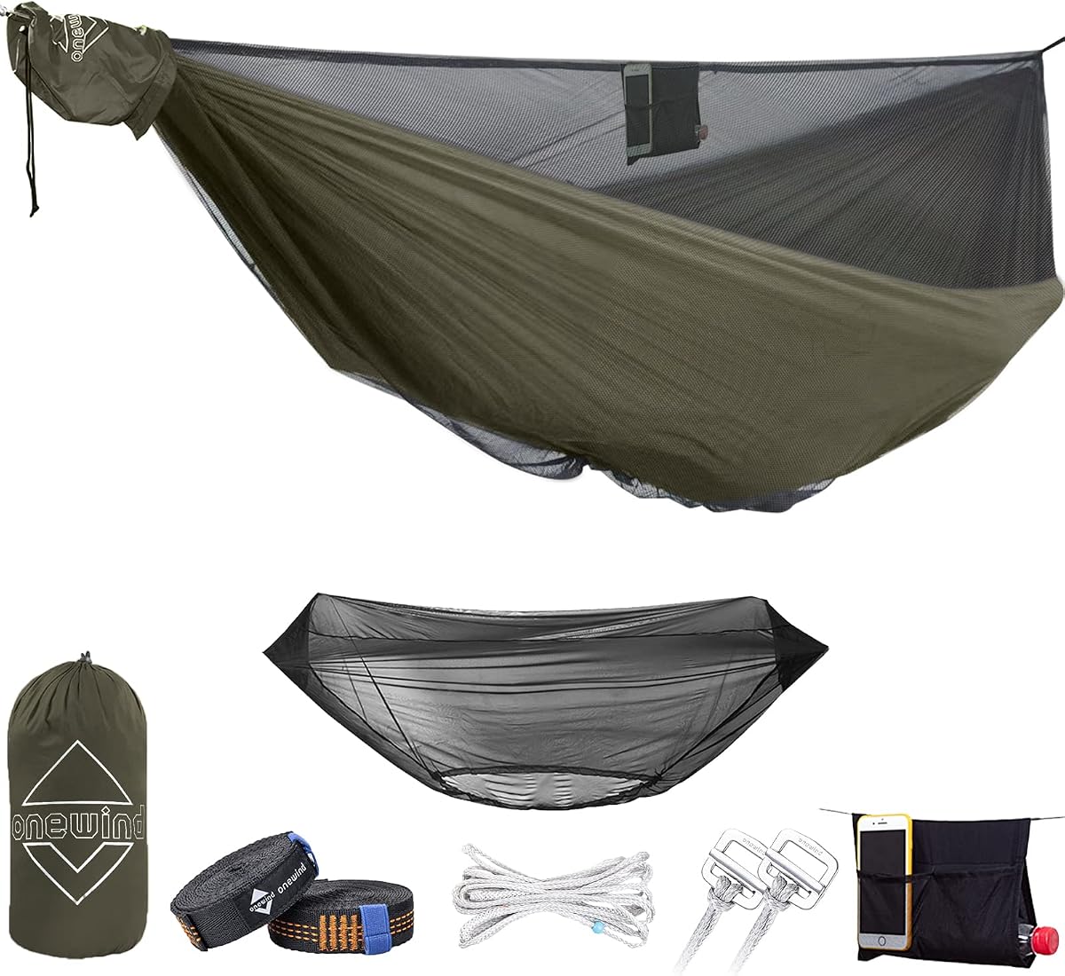Onewind 12ft Camping Double Hammock with Mosquito Net, Ridgeline and Straps | 70D Hexagon Ripstop Nylon, No-see-ums Bugnet, 68'' Single Wide Panel, Portable Lightweight Hammock for Hiking Backpacking