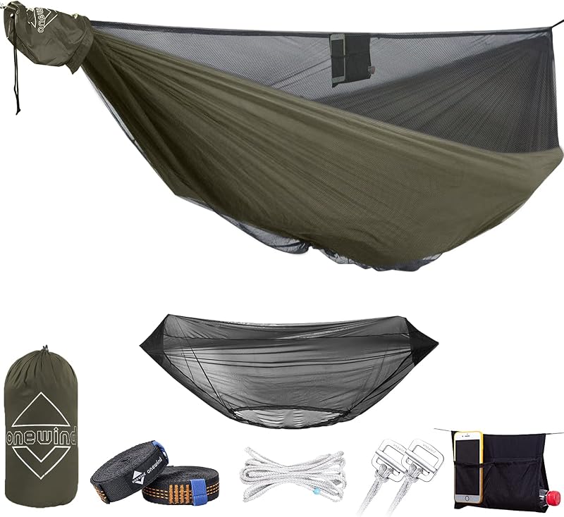 Onewind 12ft Camping Double Hammock with Mosquito Net, Ridgeline and Straps | 70D Hexagon Ripstop Nylon, No-see-ums Bugnet, 68'' Single Wide Panel, Portable Lightweight Hammock for Hiking Backpacking