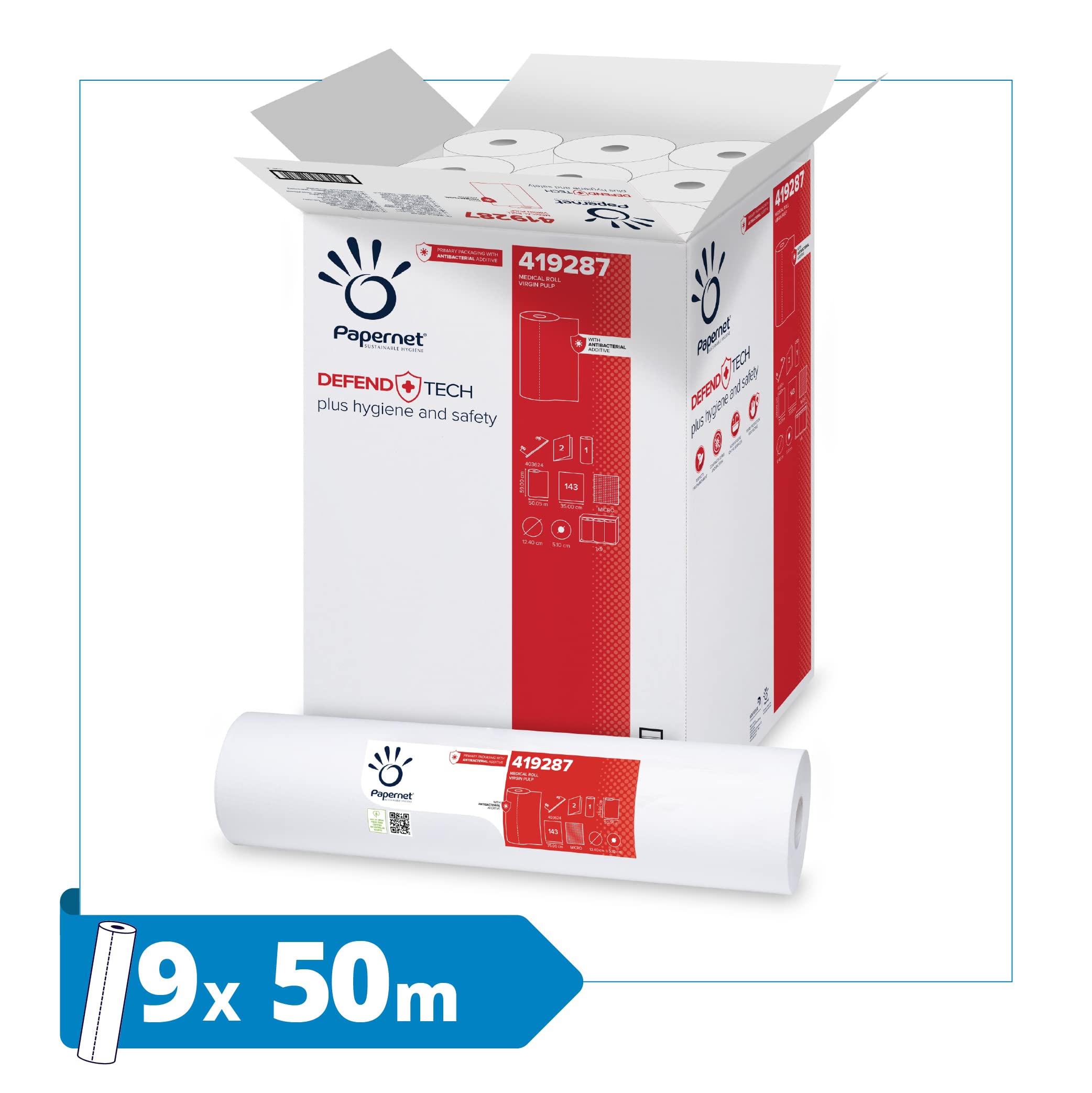 Papernet Defend Tech - Medizinische Liegeabdeckung (419287), Hygienische Einweg-Rolle aus reiner Zellulose mit antibakterieller Formel, 2-lagiges Papier, 9 Rollen, 143 Blatt pro Rolle