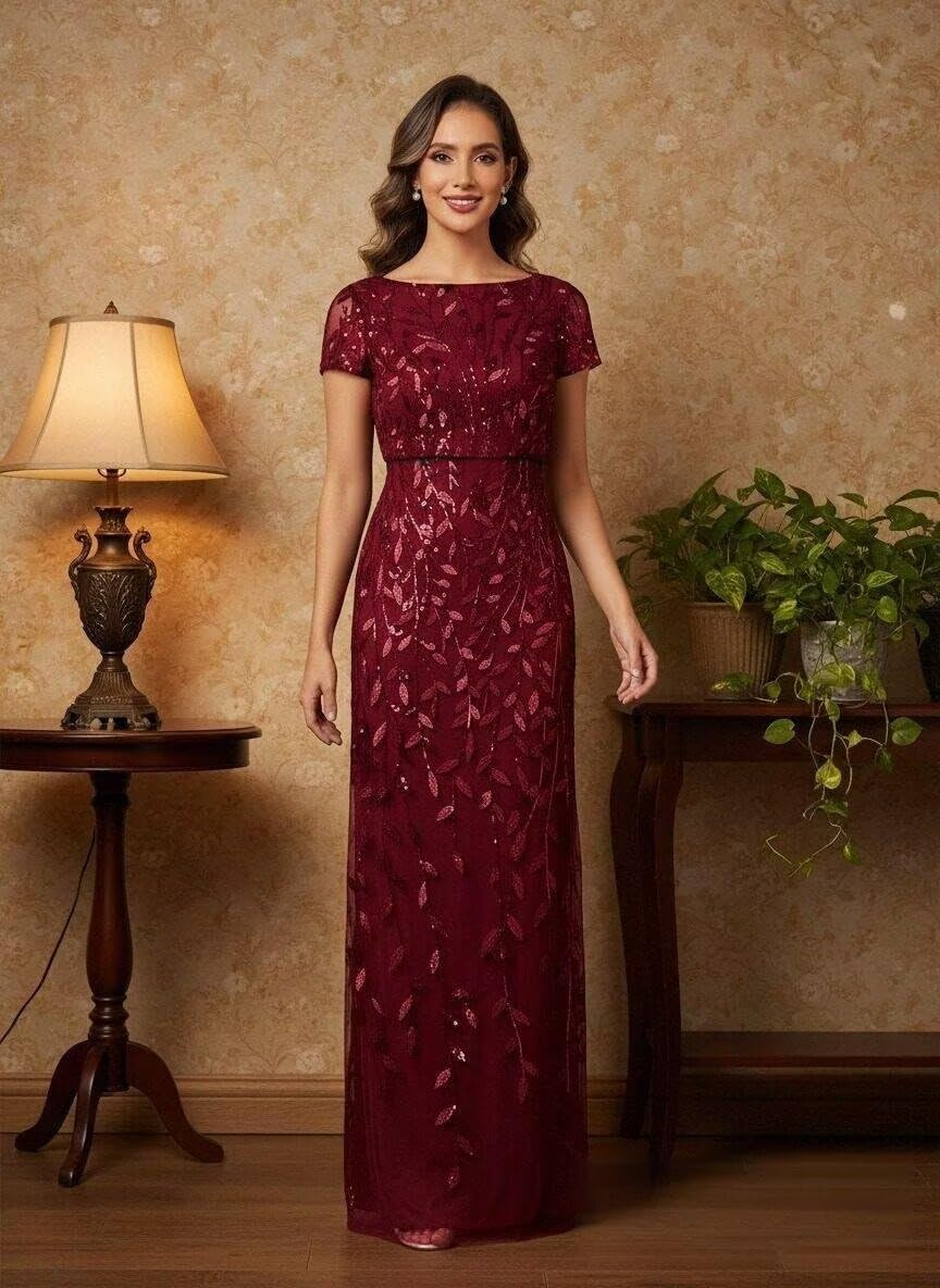 Sequin Lace Mother of The Bride Dresses for Women Long A Line Formal Wedding Guest Dress with Short Sleeves - Image 5