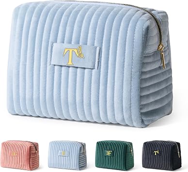 COSHAYSOO Travel Makeup Bag Quilted Make Up Pouch Initial Velvet Cosmetic Case with Butterfly Decorations for Womens Fashion Trending Birthday Easter Valentines Gifts Ideas Unique Blue Letter T
