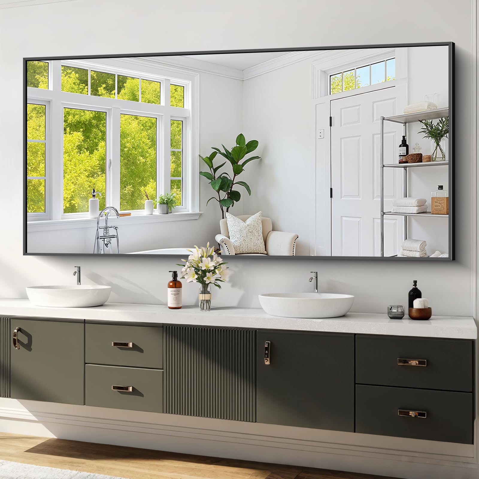 Koonmi Black Framed Bathroom Mirror - Shatterproof 30