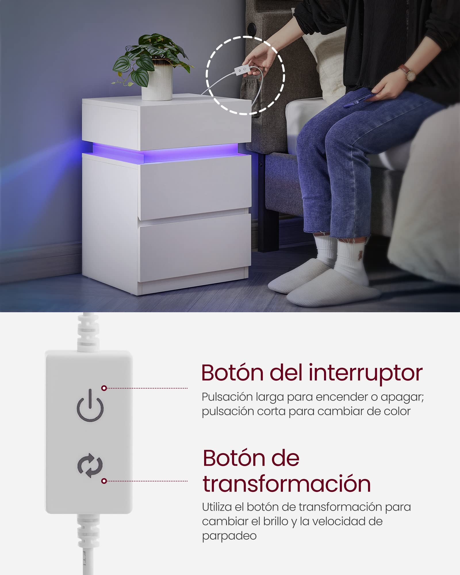 VASAGLE KAILYN Colección - Mesita de Noche con Tira de Luz LED Multicolor Variable, 3 Cajones, Mesa Auxiliar, Estilo Moderno, 35 x 40 x 55 cm, Blanco Nube LET630T10V2