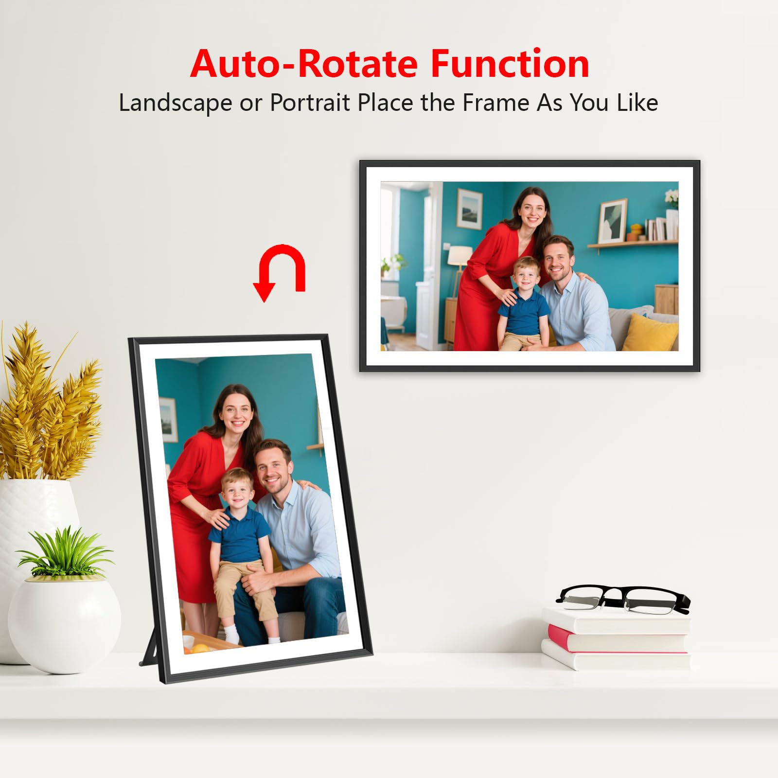 FRAMEO Cyfrowa ramka na zdjęcia 15,6 cala, bardzo duża, WiFi, cyfrowa ramka na zdjęcia z 32GB 1920 x 1080 IPS HD ekranem dotykowym, na biurko i montaż naścienny, udostępnianie zdjęć i filmów za pomocą