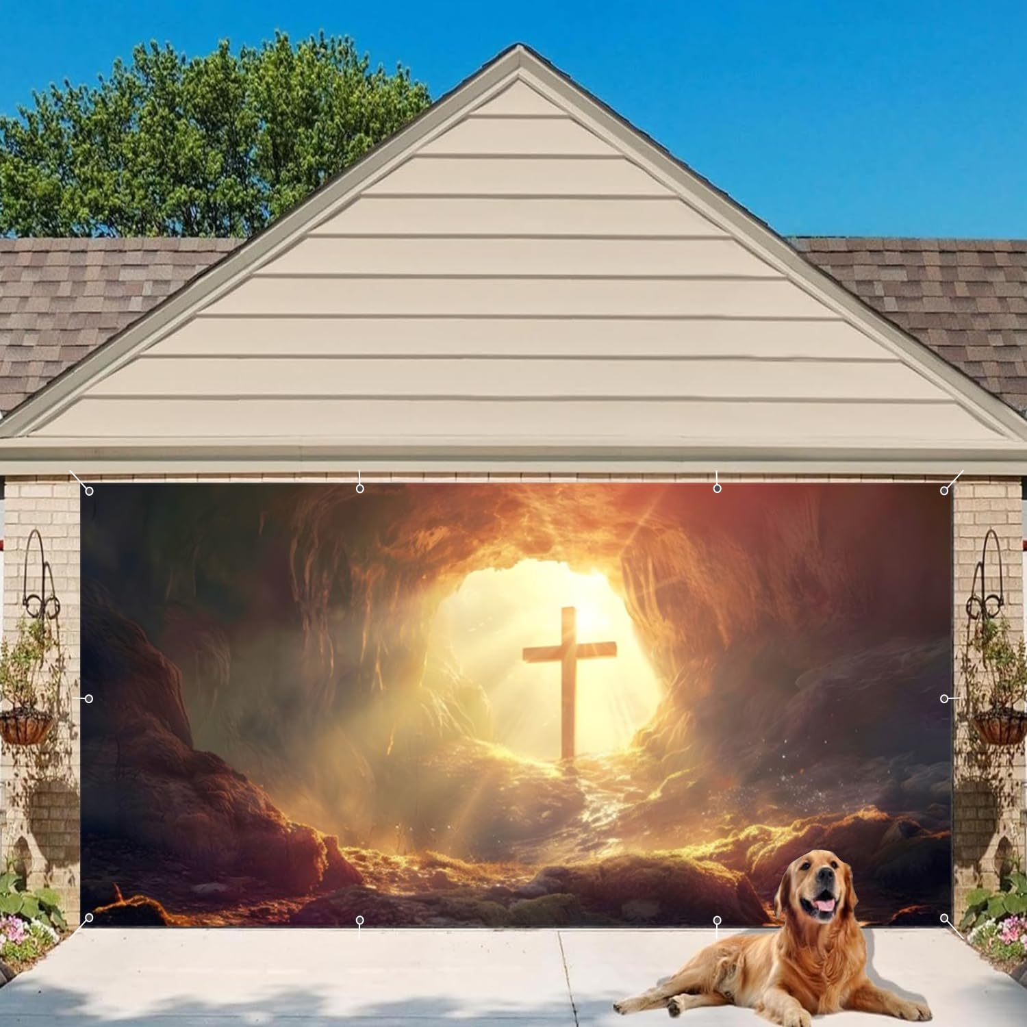 Easter Garage Door Cover 7x16ft Large Religious Garage Door Decorations Resurrection of Jesus Banner Holy Lights Cross Garage Door Easter Cover Decoration for Outdoor Home Yard Wall Decor