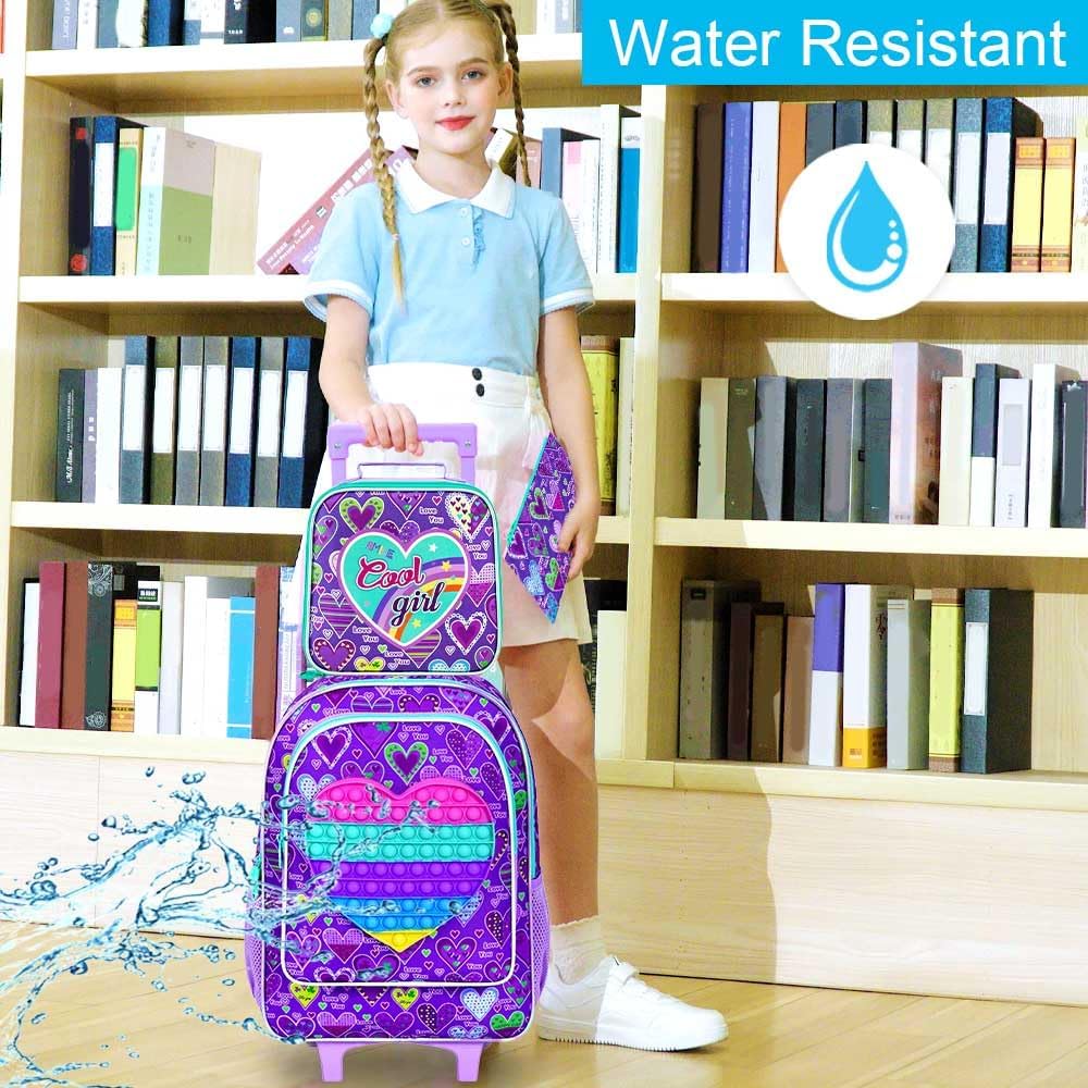gxtvo Rolling Backpack for Girls, Kids Roller Wheeled Bookbag - Wheeled Elementary School Bag - 3PCS Heart Purple