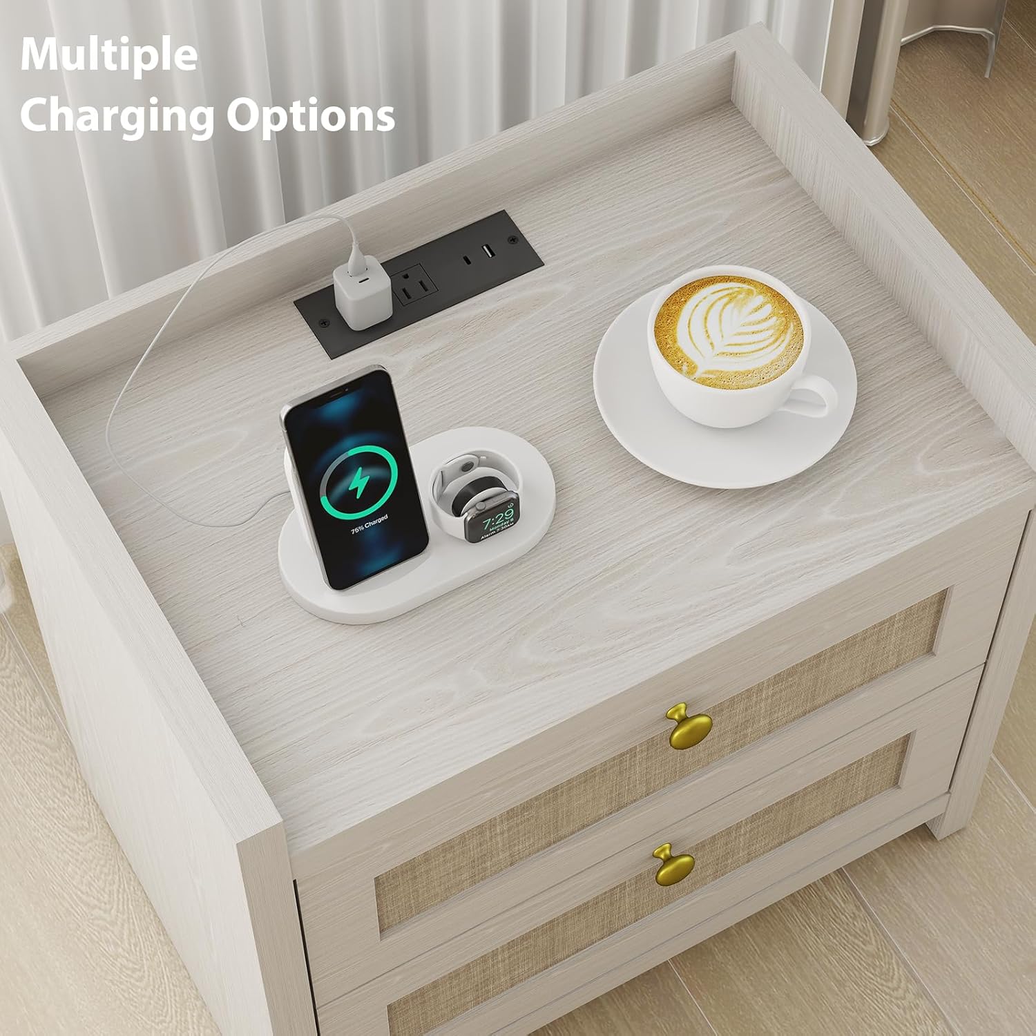 23.6" Nightstand, Boho Wooden Bedside Table with Charging Station for Bedroom, Farmhouse Rustic Large Wide Night Stands with 2 Soft Close Drawers, Beige Ash